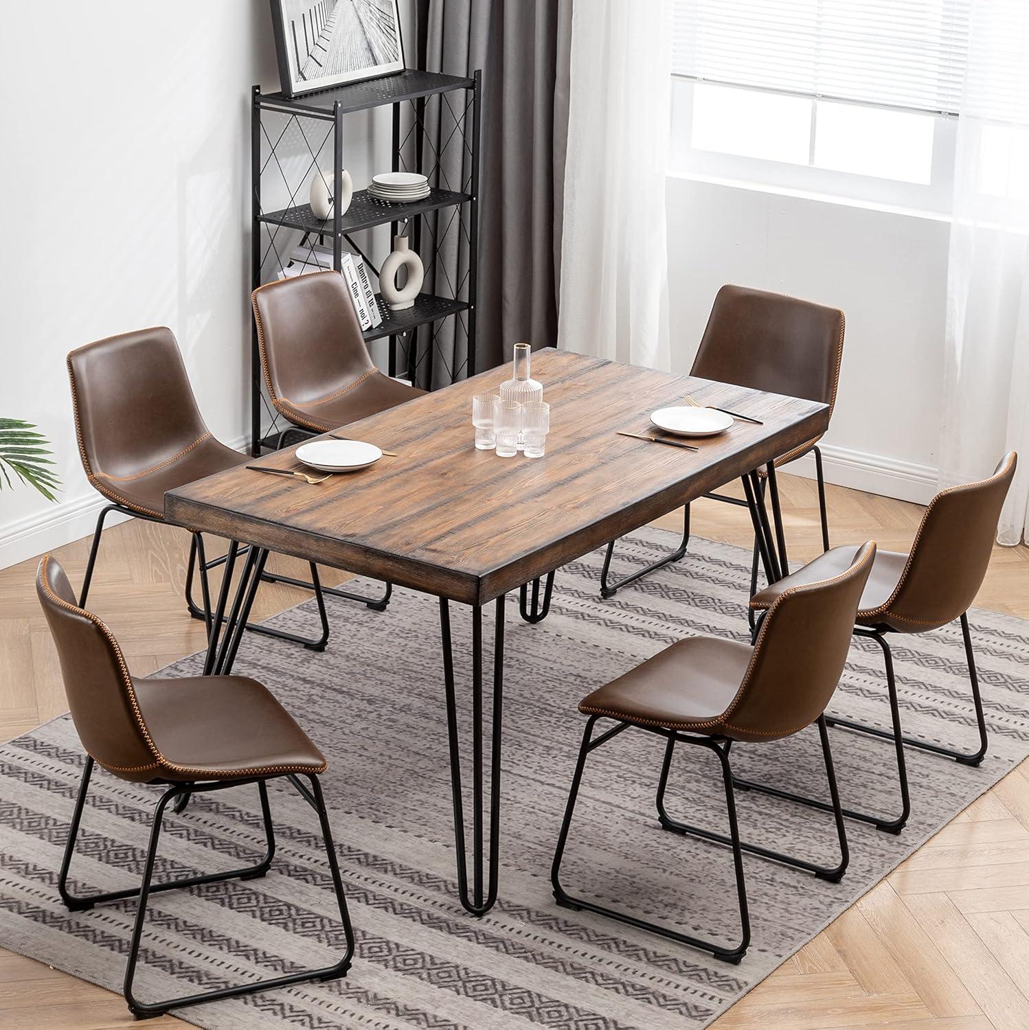 Aryven Industrial 7-Piece Dining Set with Rustic Dark Pine Table and Brown Faux Leather Chairs