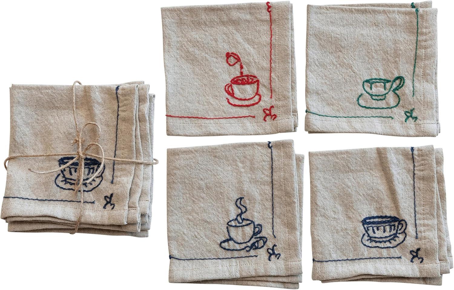 Multicolor Cotton and Linen Embroidered Cocktail Napkins, Set of 4