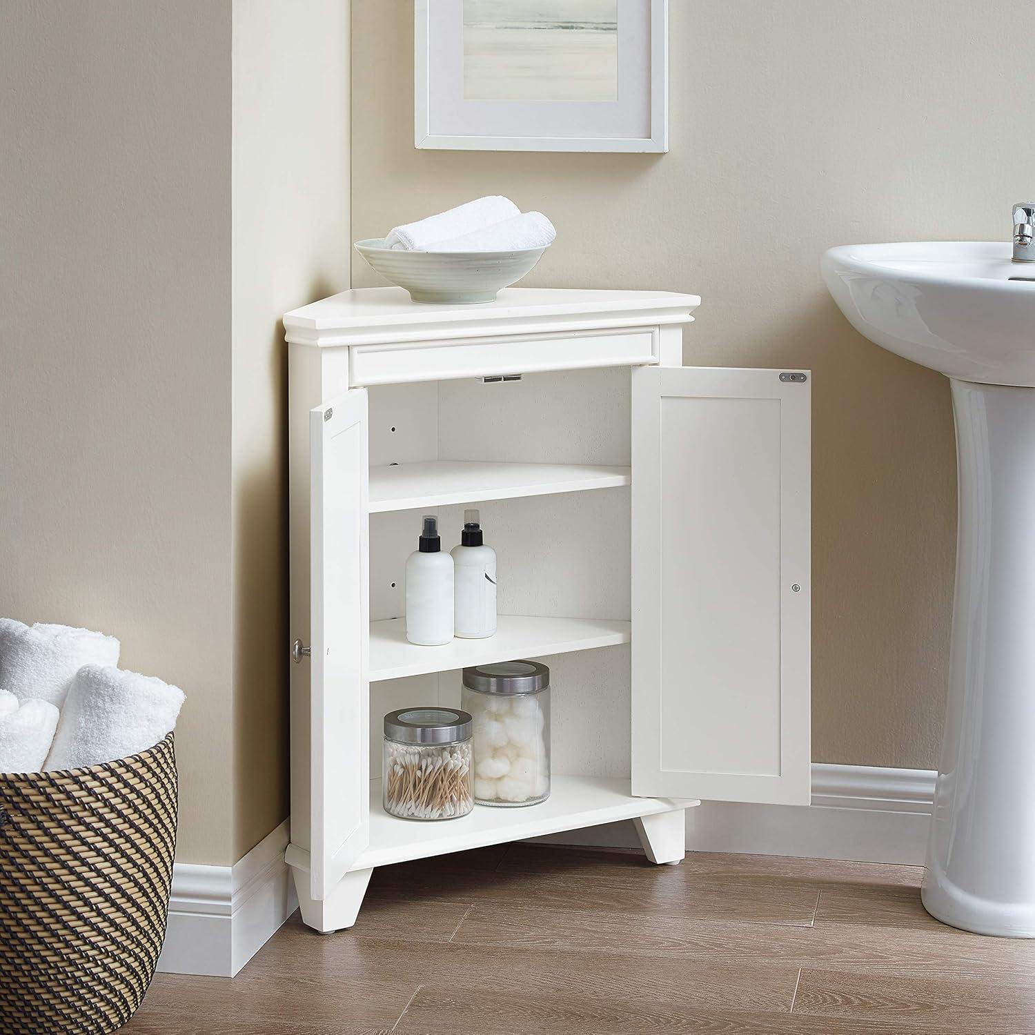 White Wooden Corner Bathroom Cabinet with Adjustable Shelves