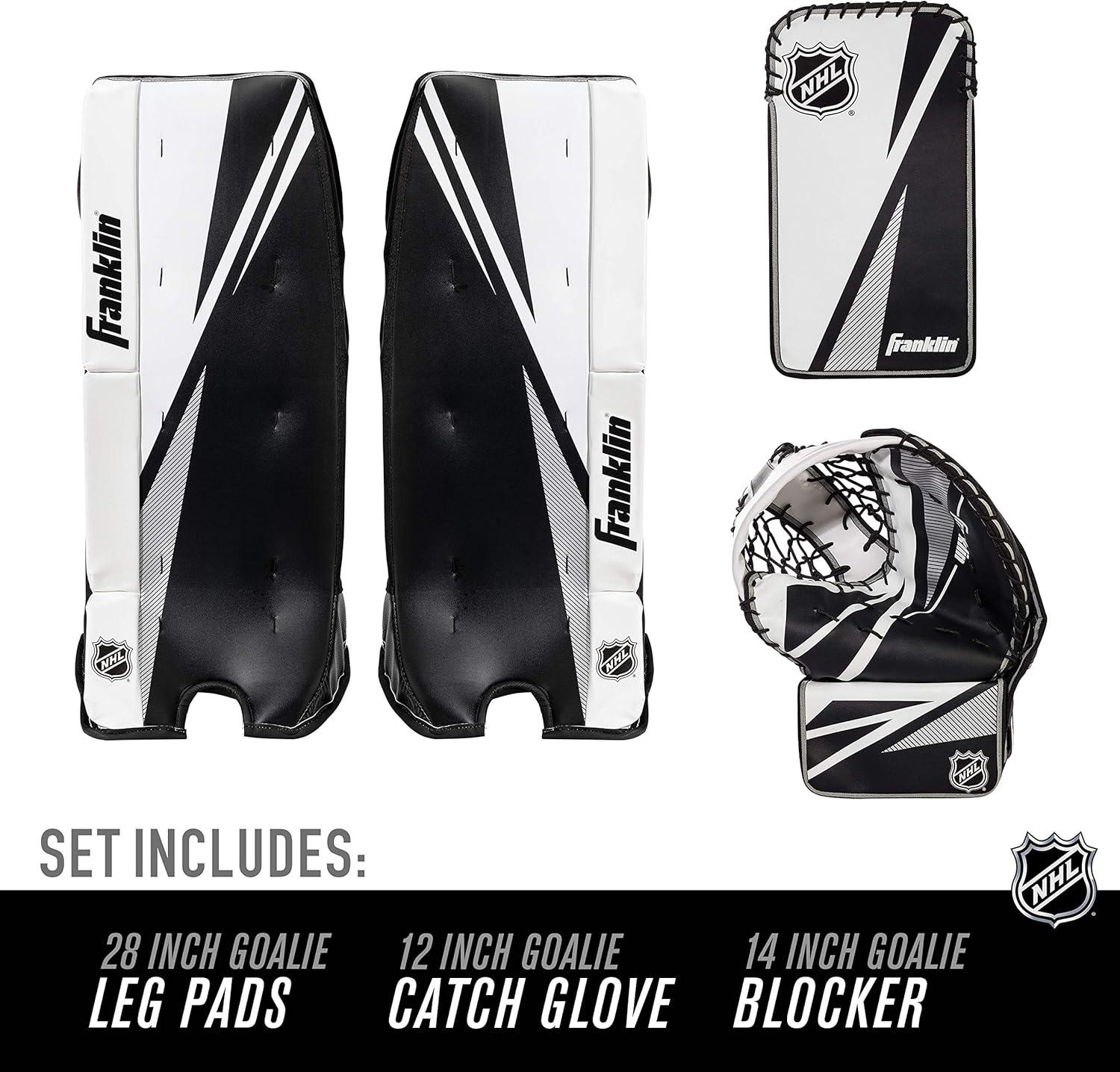 Franklin Sports Street Hockey Goalie Equipment Set - NHL Youth Street Hockey Goalie Pads - Leg Pads, Catch Glove, and Blocker - Youth Goalie Gear Black, 12"
