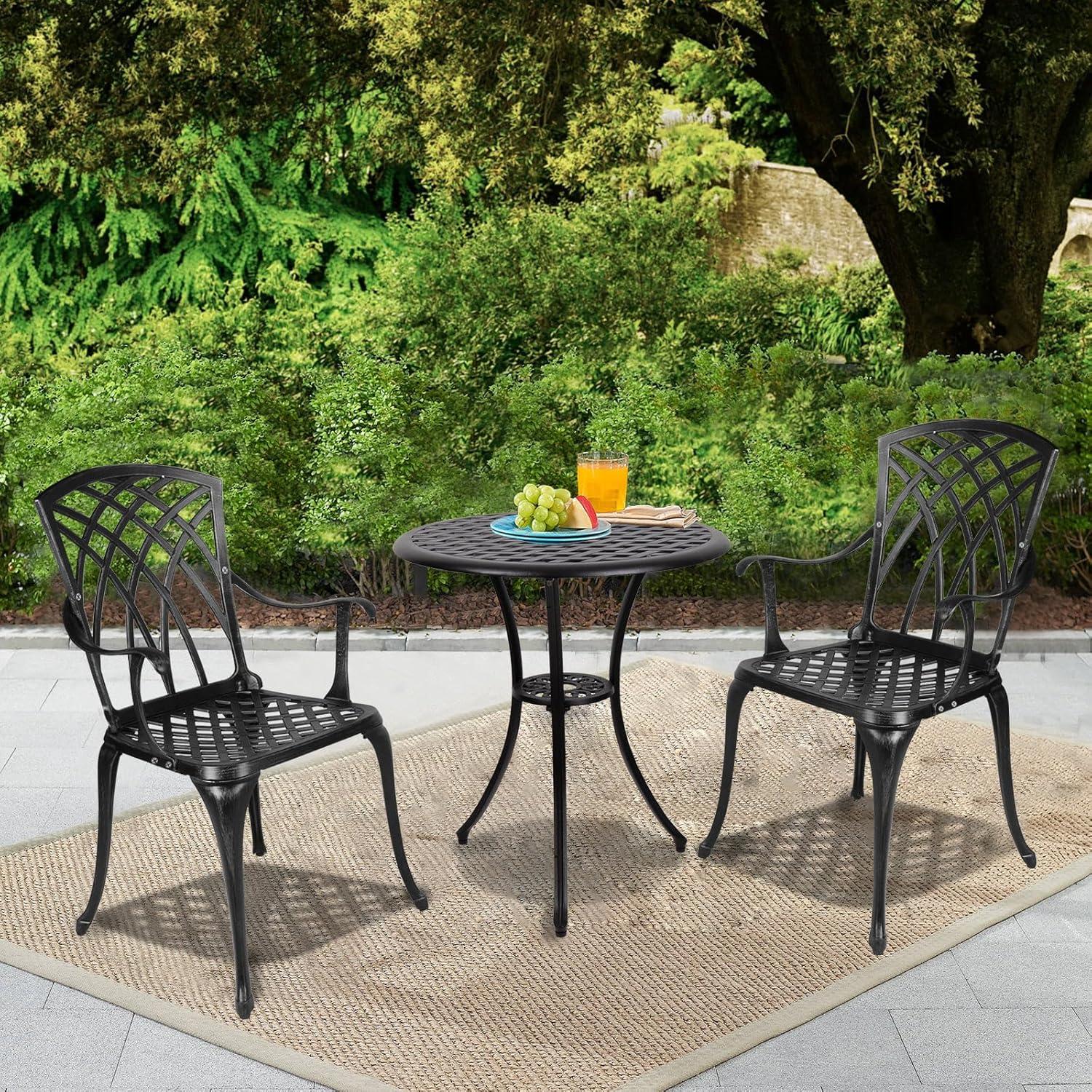 Polar Aurora 3 Piece Cast Aluminum Patio Bistro Set Table Outdoor Round Dining Armchair with Umbrella Hole for Porch, Lawn, Garden, Backyard, Pool, Black