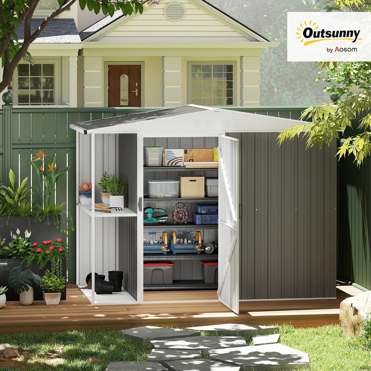 Outsunny 8 x 4ft Outdoor Storage Shed, Metal Garden Shed with 2-Tier Storage Rack, Air Vents and Lockable Door, Tool Shed for Backyard, Patio, Lawn