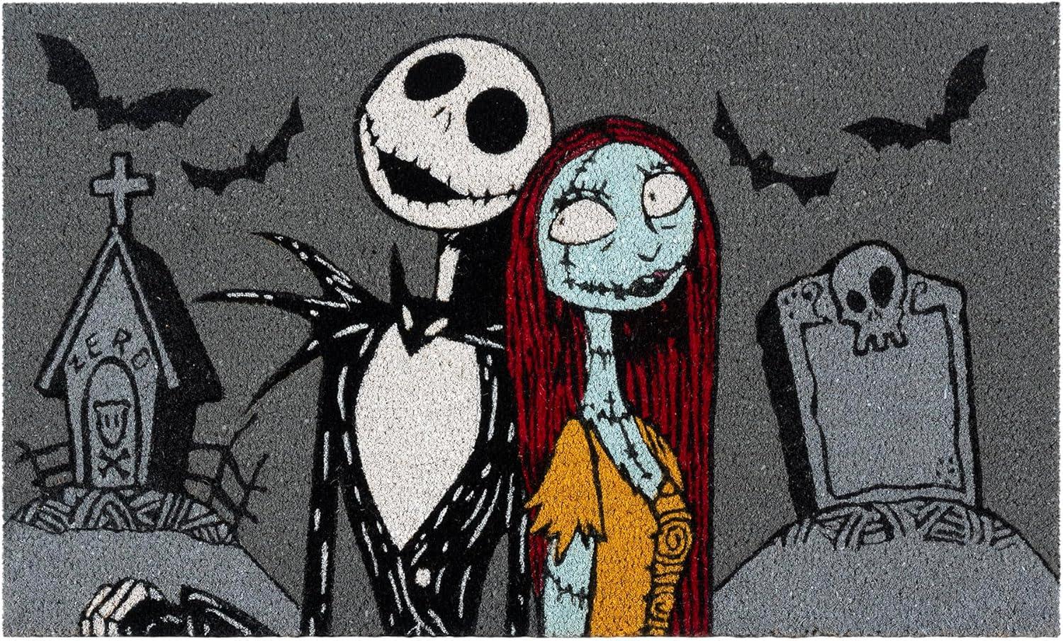 Disney Nightmare Before Christmas Jack Sally Welcome Black White Natural Graphic Non-Slip Indoor/ Outdoor Coir Door Mat 2-Pack, 20x34 (Set of 2)