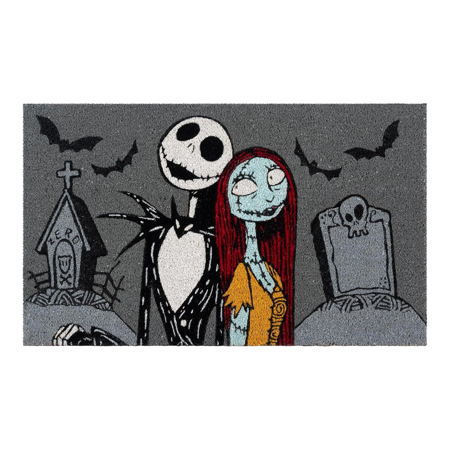 Disney Nightmare Before Christmas Jack Sally Welcome Black White Natural Graphic Non-Slip Indoor/ Outdoor Coir Door Mat 2-Pack, 20x34 (Set of 2)