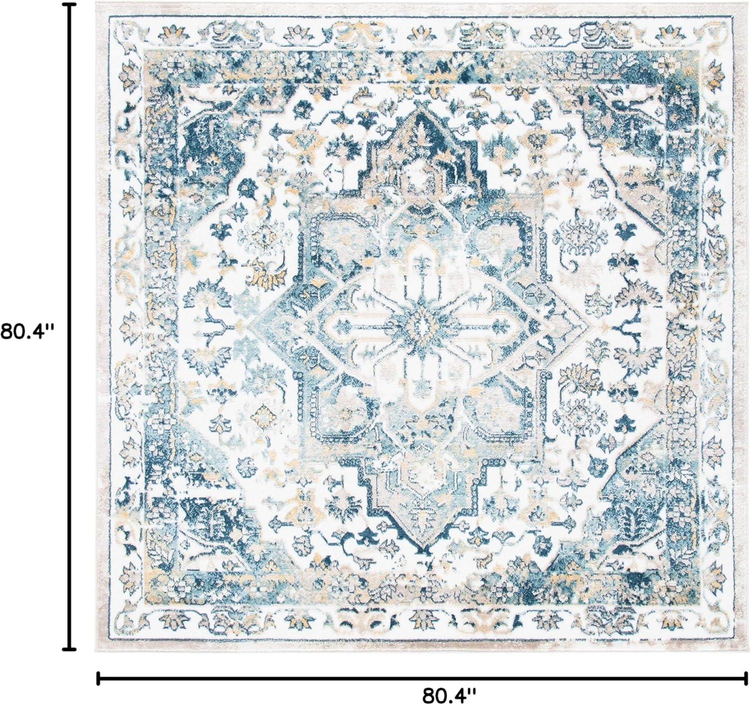 Ivory and Navy Square Medallion Stain-Resistant Synthetic Rug