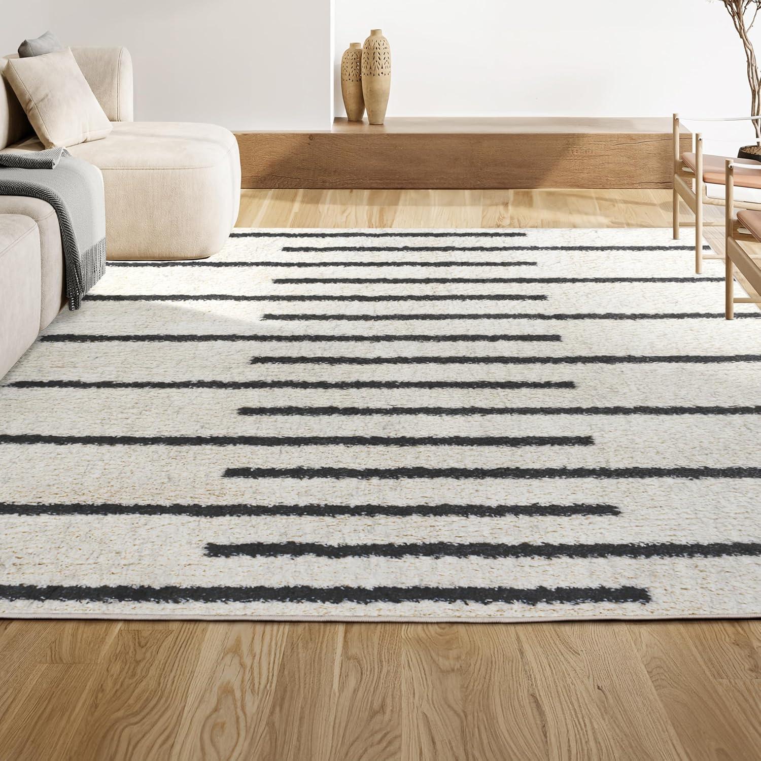 3'x5' Alaro Berber Stripe Shag Area Rug, White/Black - JONATHAN Y