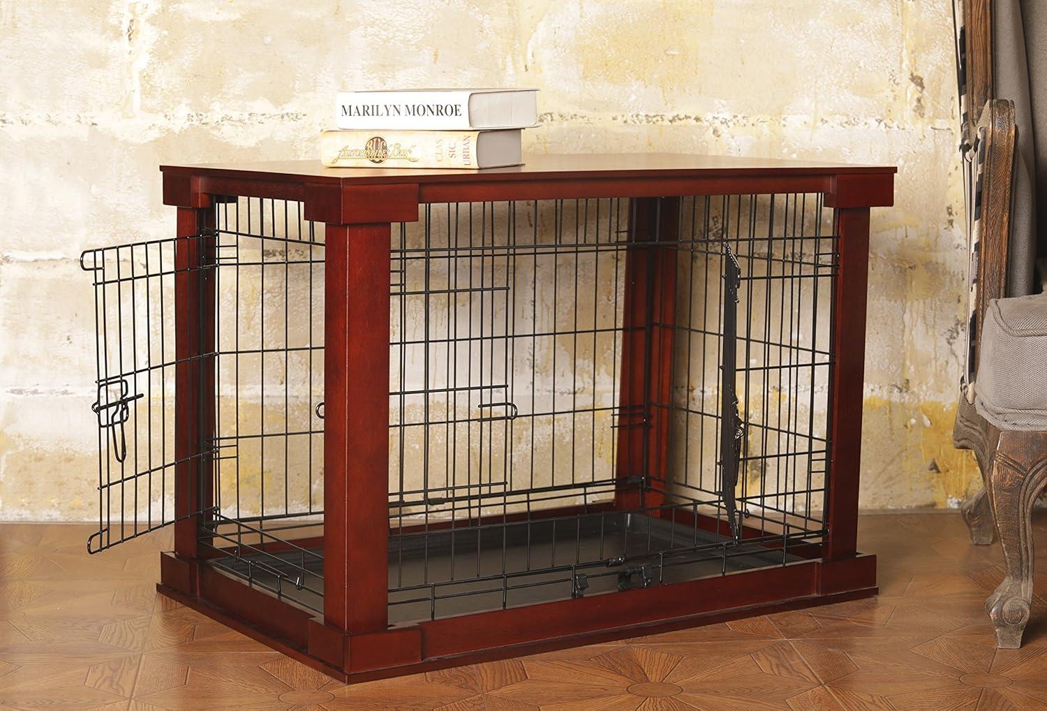 Merry Products 2 Door Decorative Pet Kennel with Wooden Protection Cover, Divider Insert, and Removable Tray End or Side Table, Large, Brown