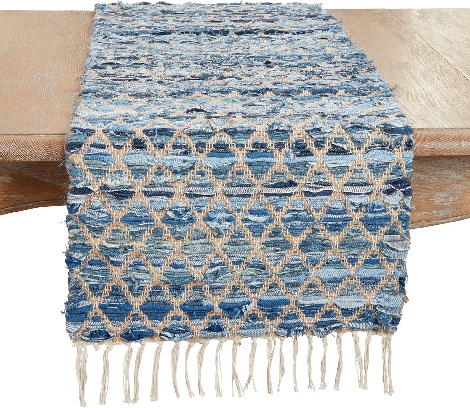 Blue Jute and Denim Woven Chindi Net Fringed Table Runner