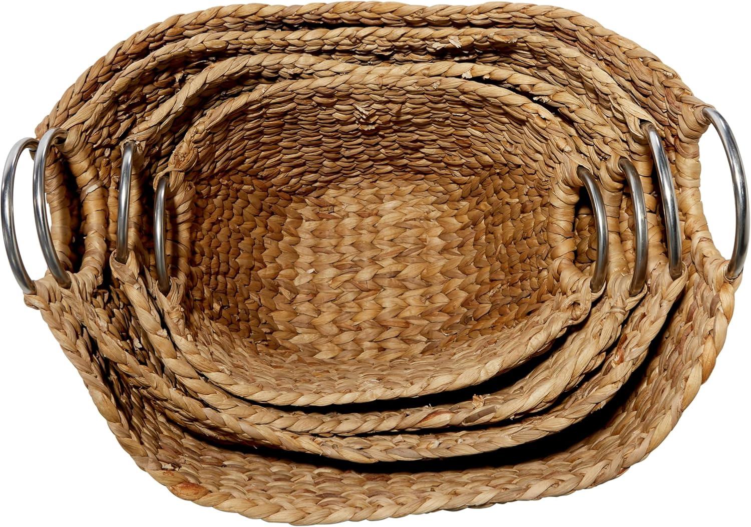 4 Piece Brown Seagrass Handmade Woven Storage Basket with Metal Handles Set