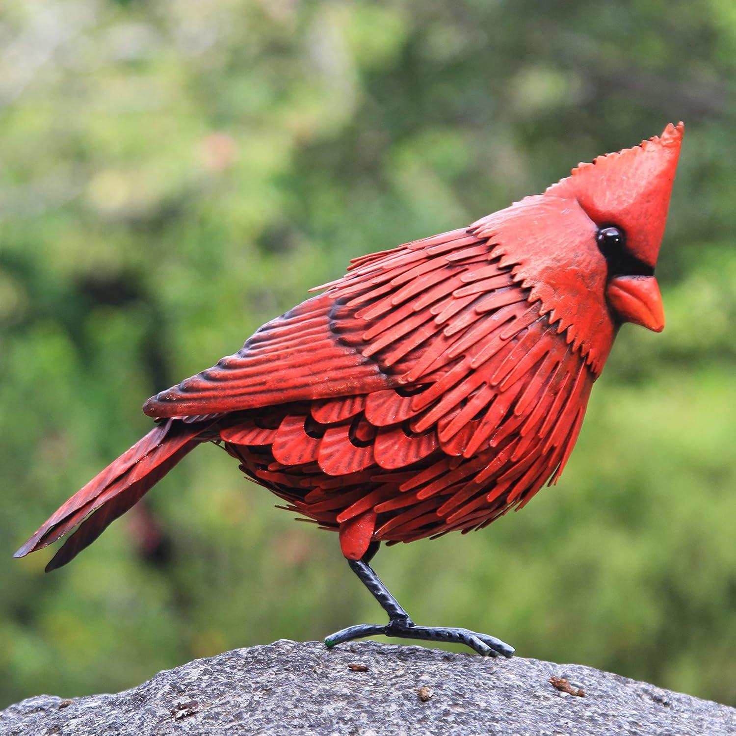 Cardinal Metal Bird Yard Art- Large Red Bird Outdoor Spring Decoration- Handmade Metal Garden Decor - Collectible w/Unique Realistic Design