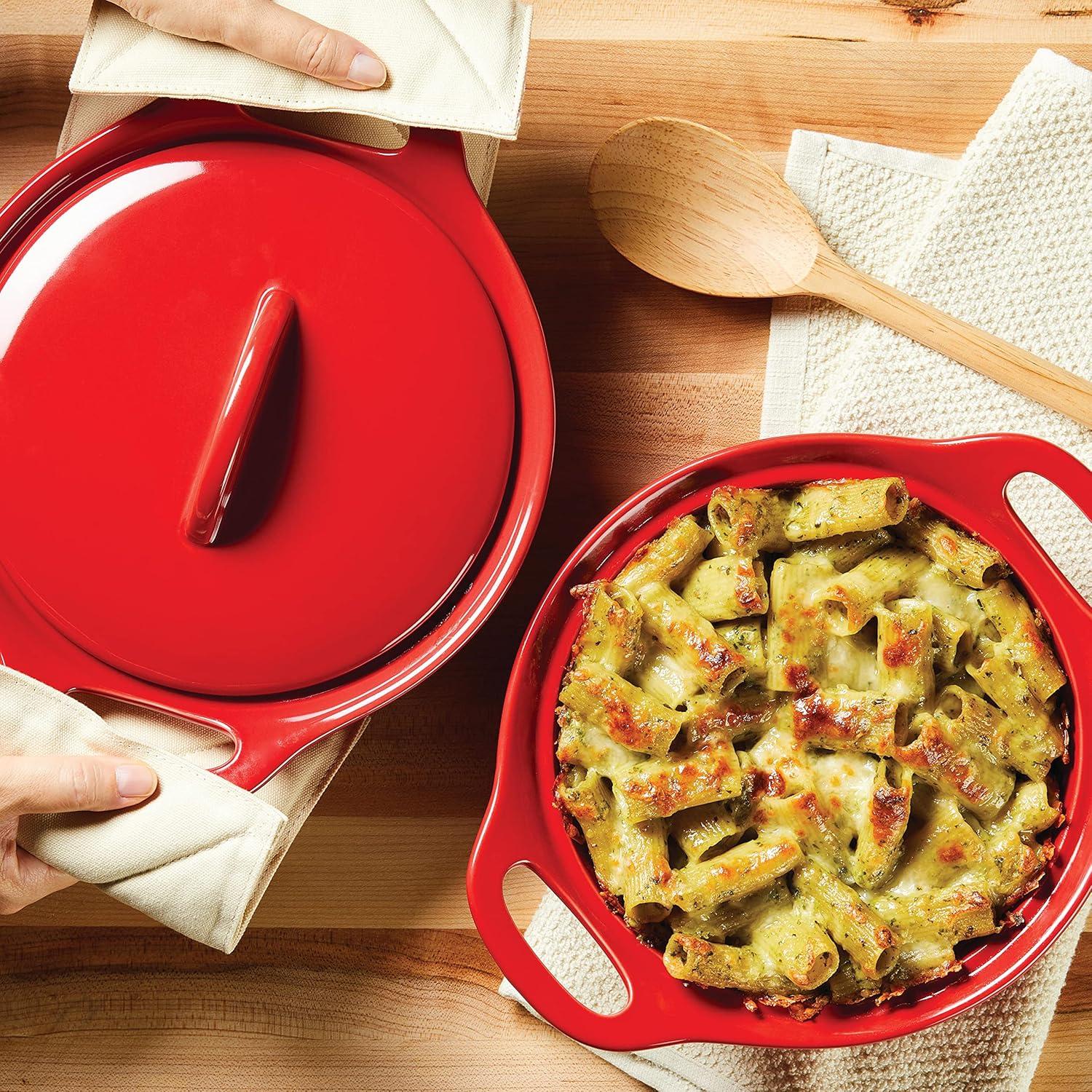 Red Ceramic Round Casserole Dish Set with Lid, 3-Piece