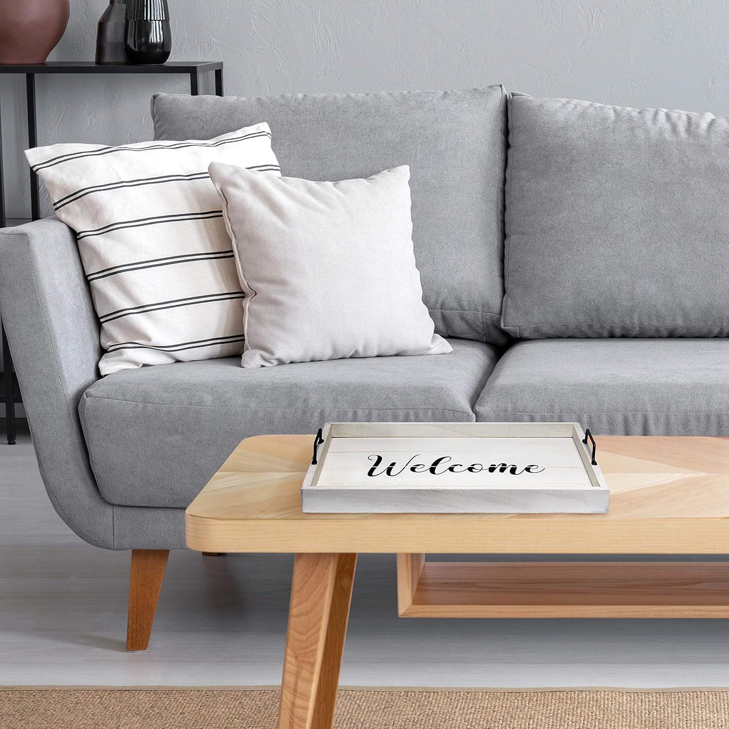 Elegant Designs 15.5" x 12" Decorative Wood Serving Tray, "Welcome", White Wash