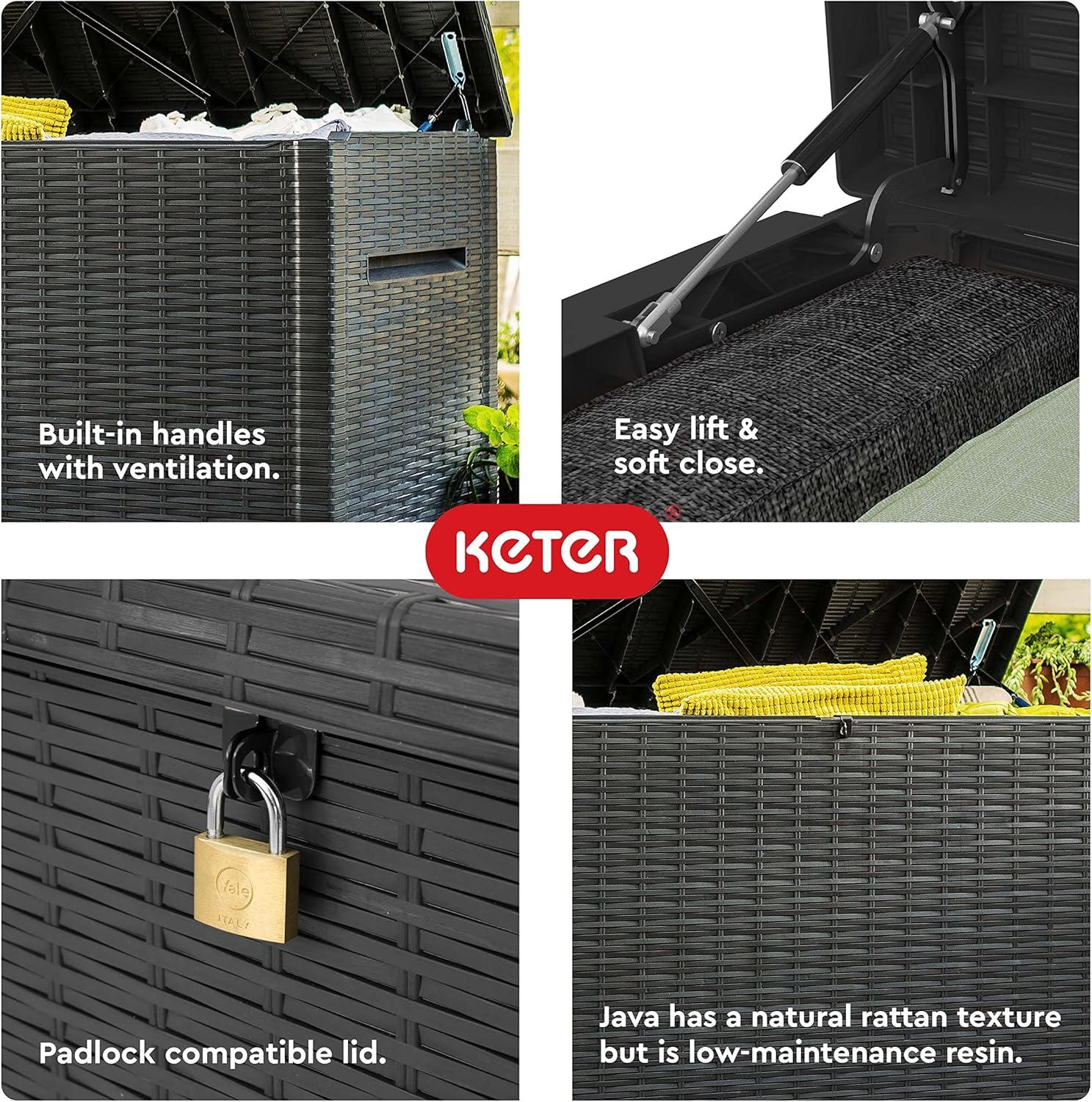 Keter Java XXL 230 Gallon Resin Rattan Look Large Outdoor Storage Deck Box for Patio Furniture Cushions, Pool Toys, and Garden Tools, Grey