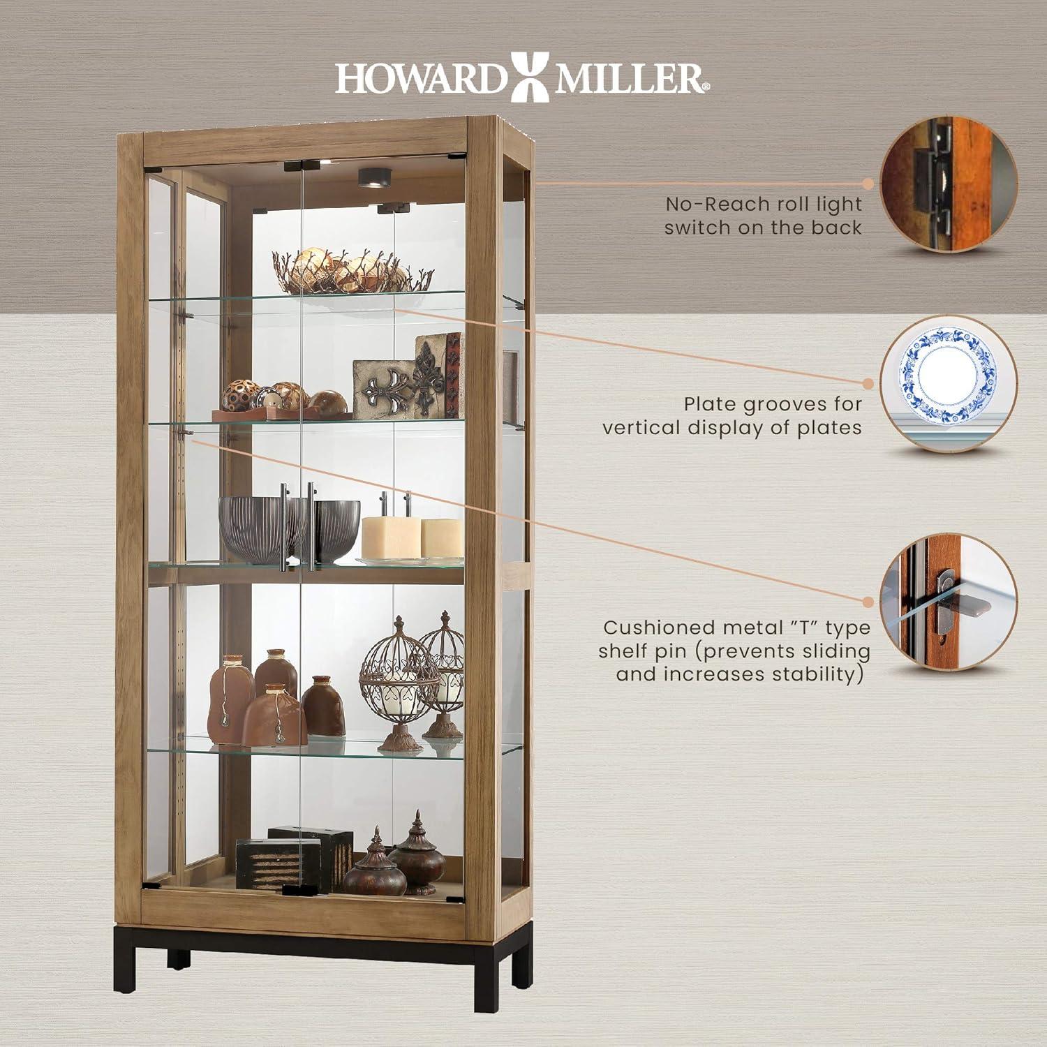 Transitional Aged Natural Lighted Curio Cabinet with Charcoal Base