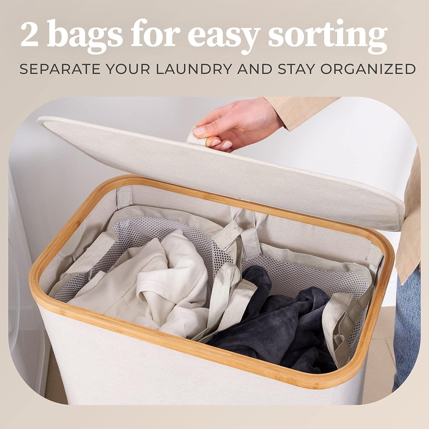 Hennez® Double Laundry Hamper with Lid, 2x Removable Bags, Thic Fabric, Bamboo Hamper 140Liter - 36gal - Light Gray