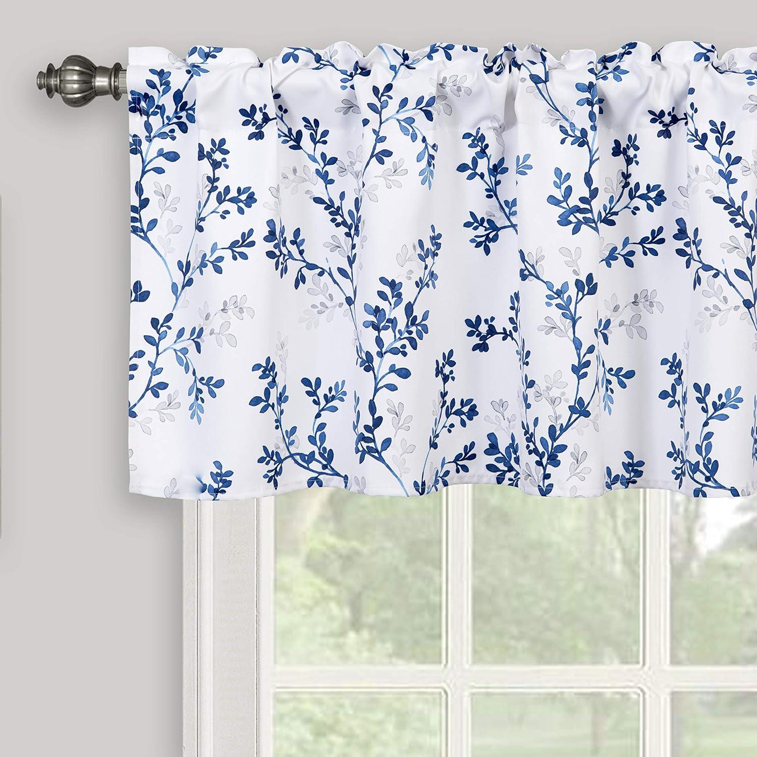 Watercolor Botanical Flowers Leaves Printed Valances for Windows, Rod Pocket Window Treatments Valances for Kitchen Cafe Living Bathroom 52 Inch by 18 Inch, Navy