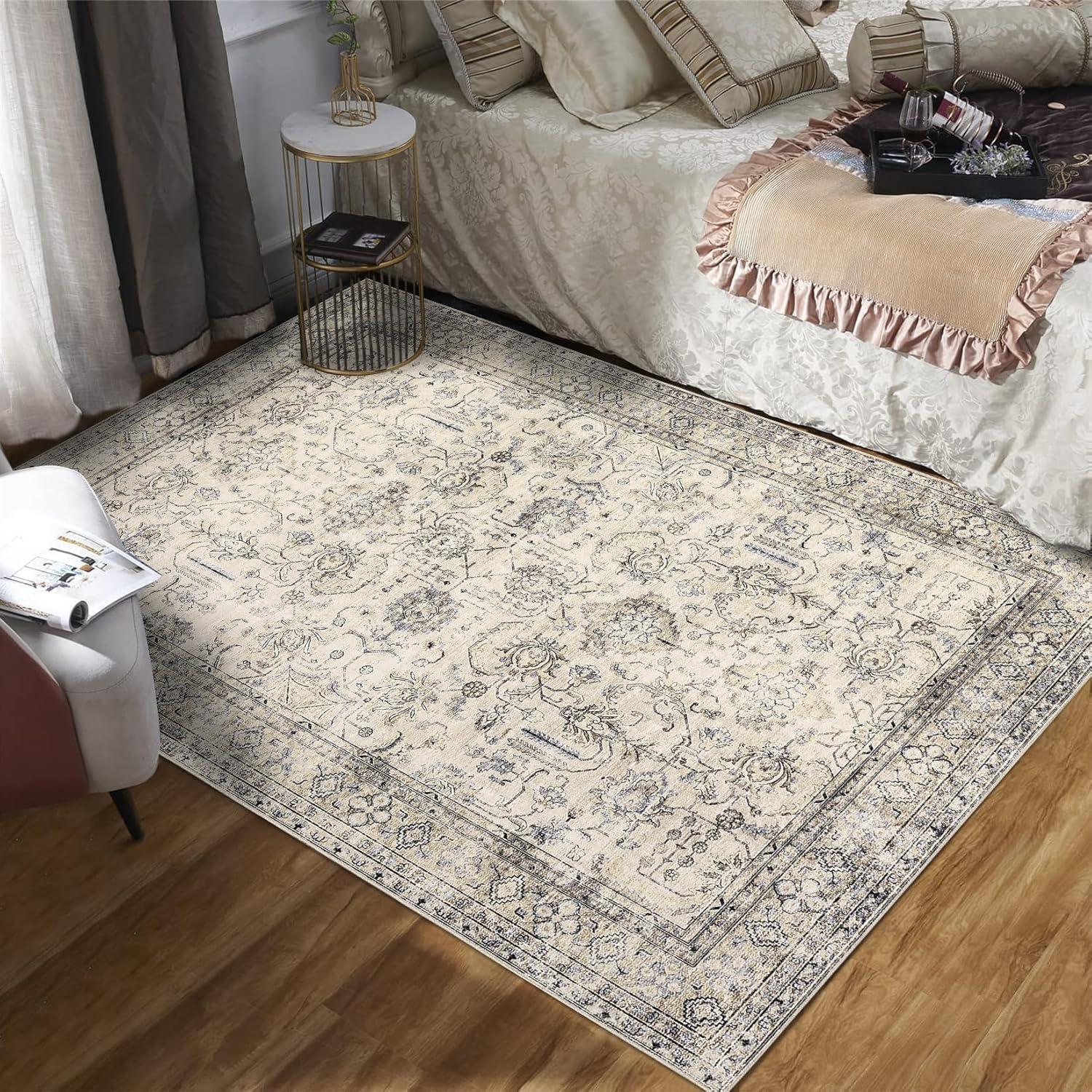 Hasoo Traditional Area Rugs 9' x 12' Foldable Persian Oriental Floral Print Carpet Non Slip Indoor Thin Rug for Living Room Bedroom Kitchen Beige Brown