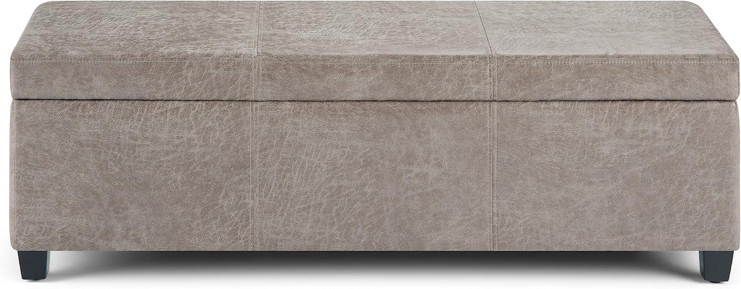 Simpli Home Avalon Storage Ottoman Bench In Distressed Grey Taupe Vegan Faux Leather