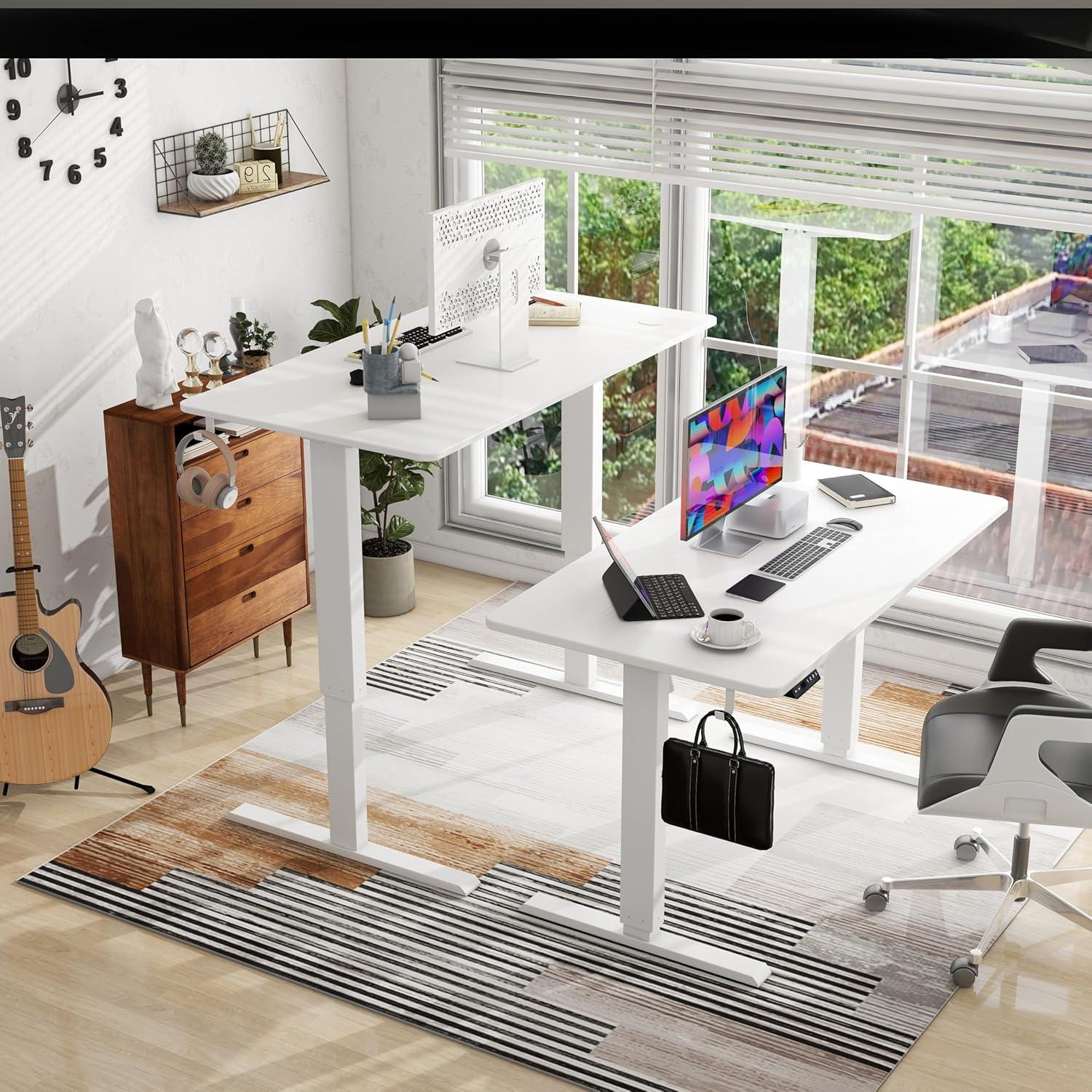 Electric Standing Desk Adjustable Height - Rolling Sit to Stand Desks on Wheels - Mobile Standup Computer Table 48 Inch Brown One Piece Desktop and Rising Frame with Storage for Home Office & Gaming