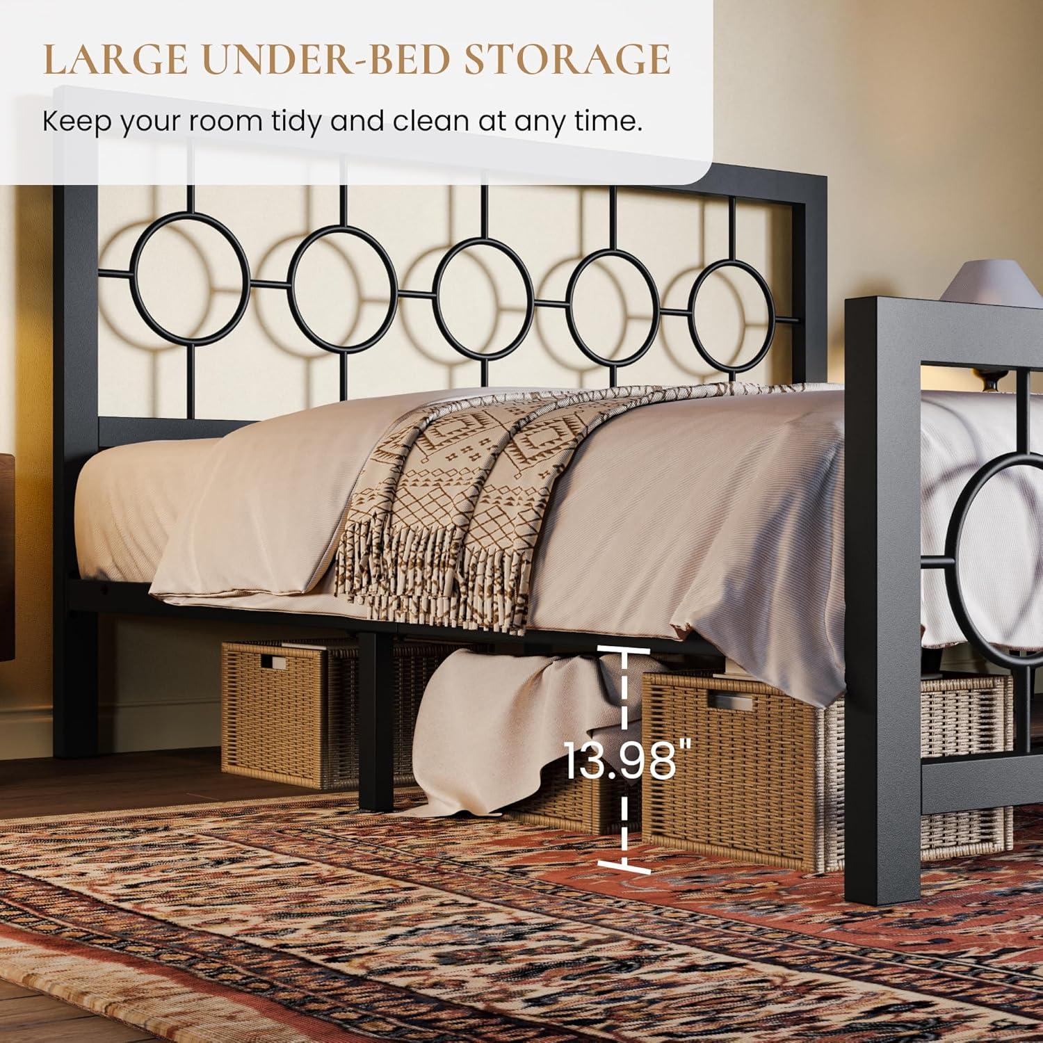 SHA CERLIN Queen Size Metal Bed Frame with Vintage Circular Design Headboard and Footboard,No Box Spring Required,Easy Assembly,Noise-Free,Black