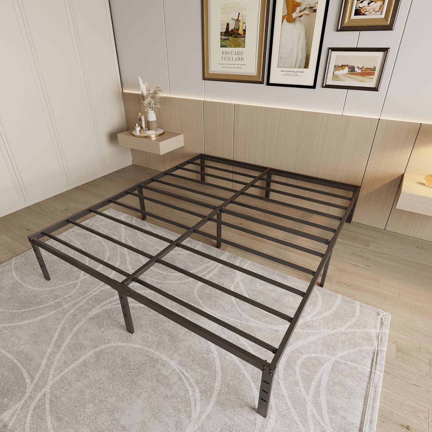 Queen Size Black Metal Bed Frame with Steel Slats