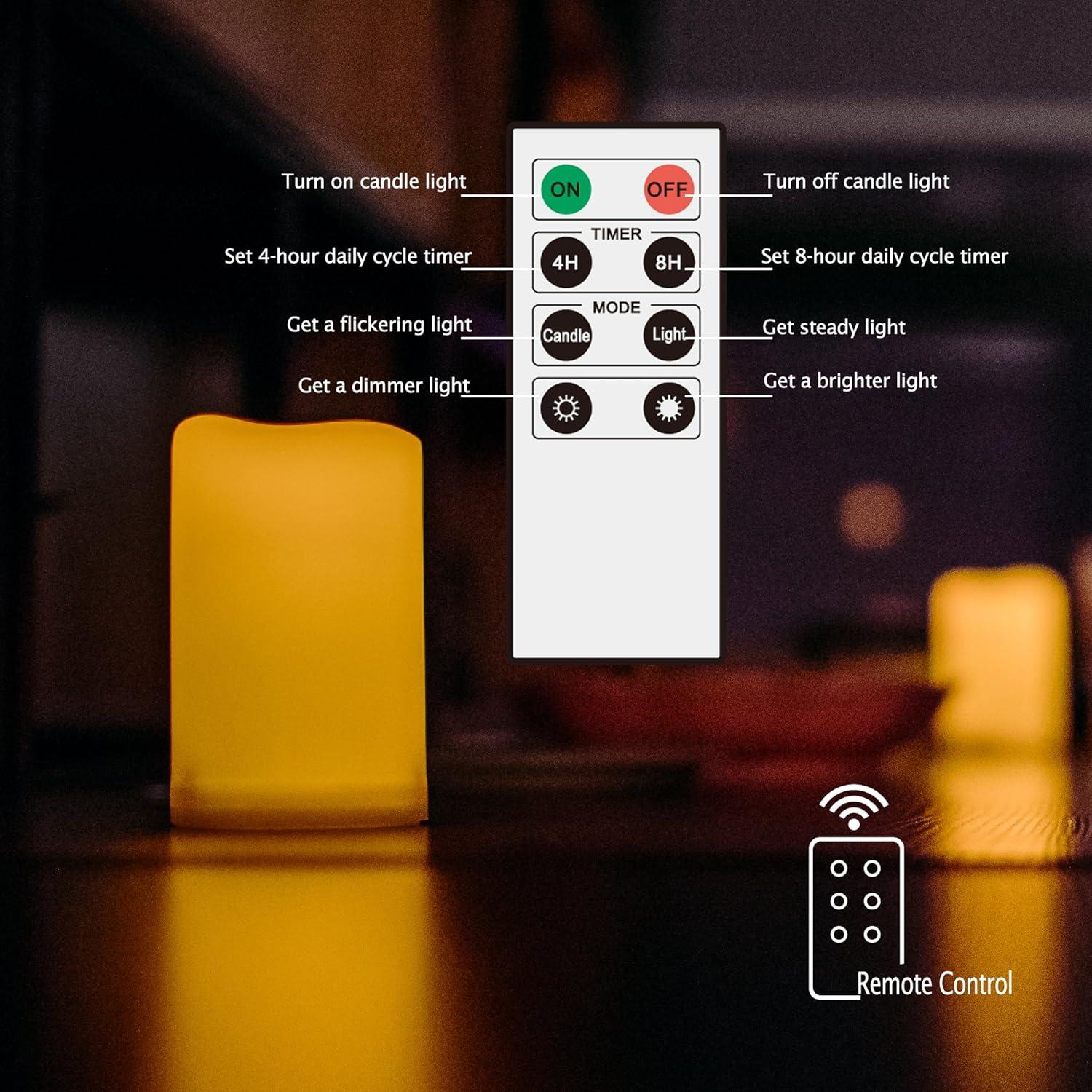 Outdoor Waterproof Flameless LED Pillar Candle with Remote and Timer Battery Operated Plastic Flickering Decorative Candle Light for Halloween Christmas Wedding Party Event Dcor Supplies 3"x 4"