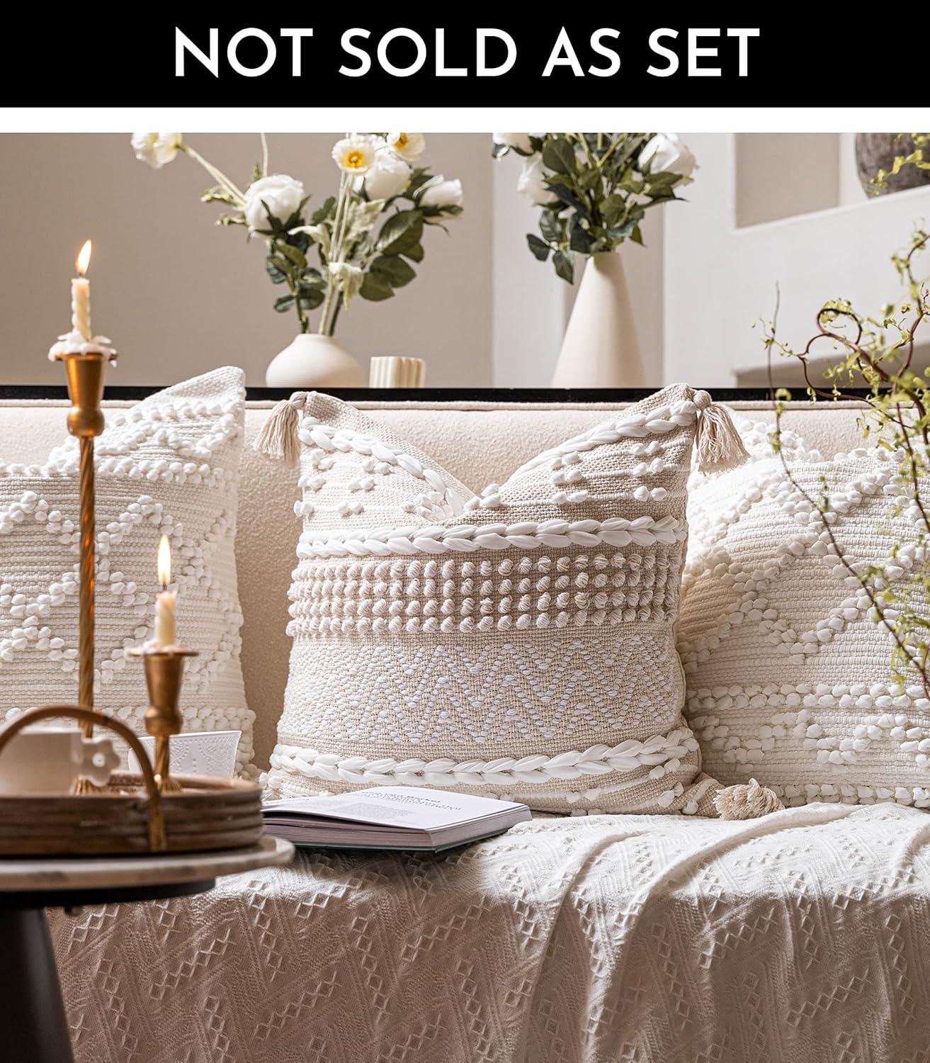 Boho Throw Pillow Cover 22X22, Large Decorative Accent Pillow for Couch, Square Woven Textured Pillowcase, Modern Boho Pillow for Bed, Bohemian Pillow Cover, Cream White (Pack of 1)