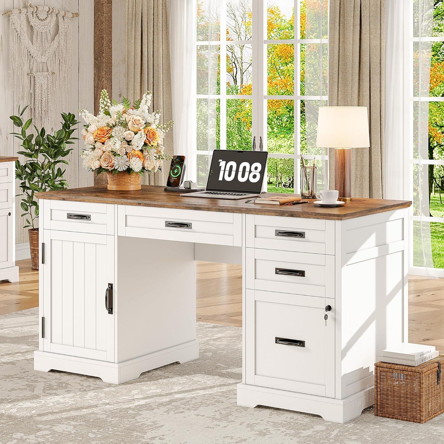 August Grove® 55'' Farmhouse Executive Desk with Drawers, File Cabinet and Power Outlets