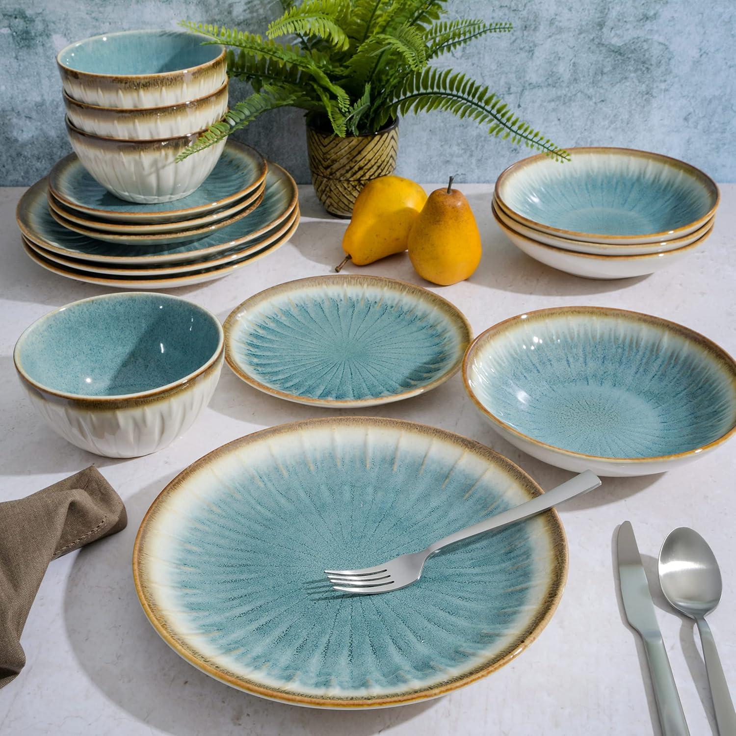 Light Blue Ceramic 16-Piece Embossed Dinnerware Set