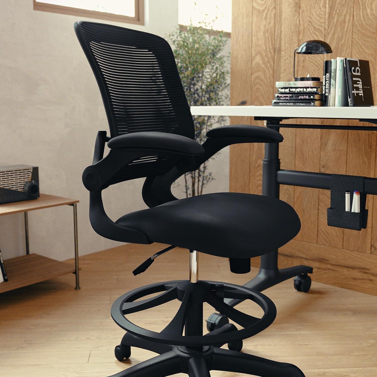 Mid-Back Mesh Ergonomic Drafting Chair with Foot Ring and Flip-Up Arms