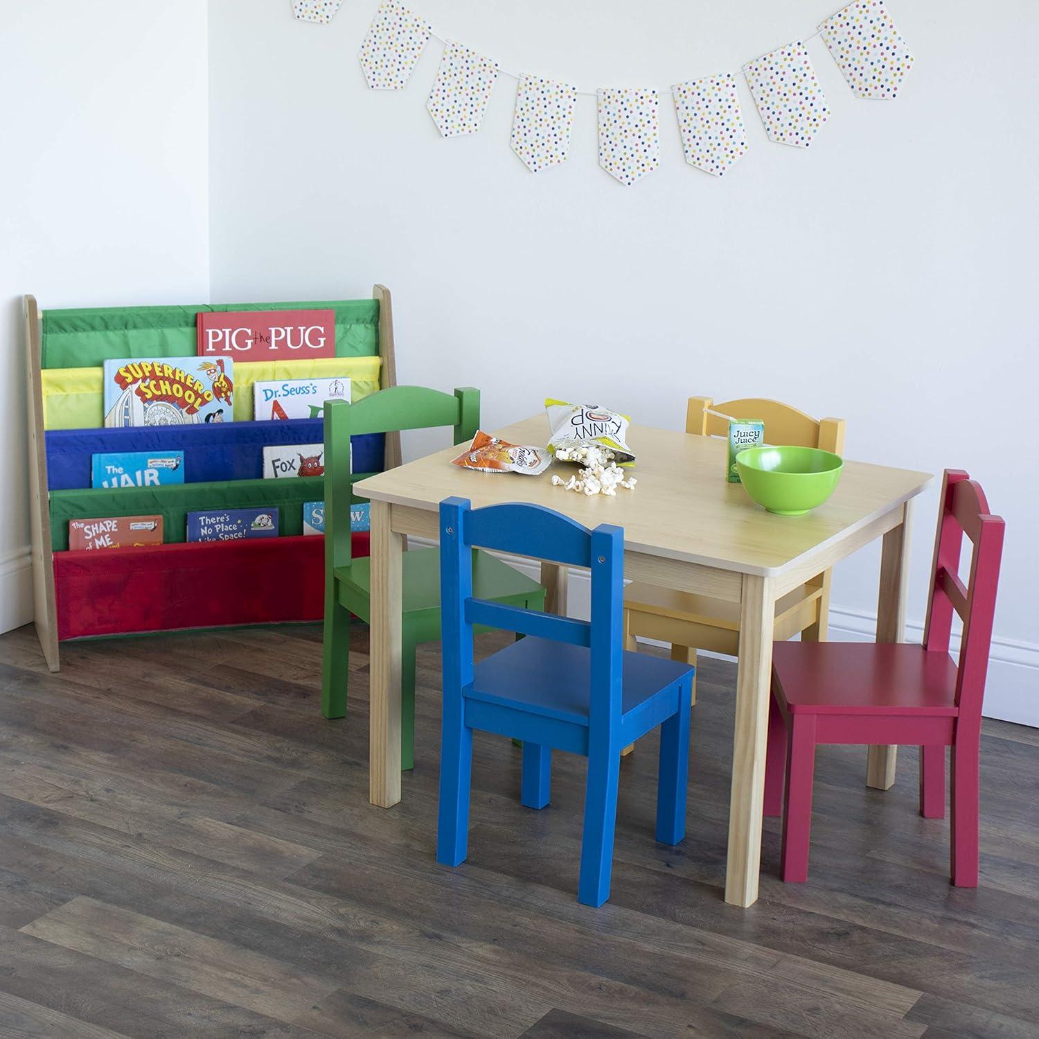 Natural Wood Kids Table with Multicolor Chairs Set