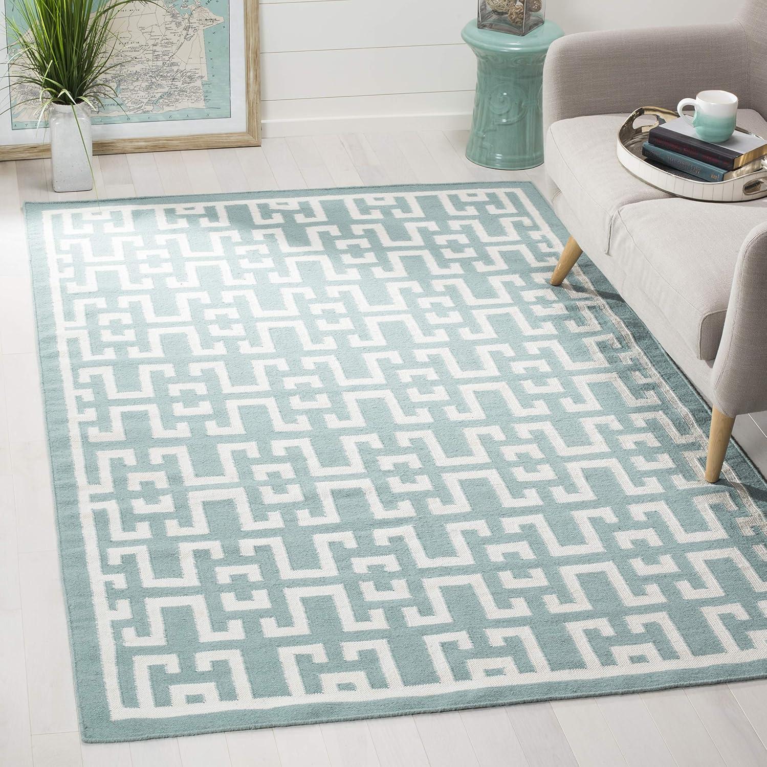 Seafoam & Ivory Geometric Handwoven Wool-Silk 6' x 9' Area Rug