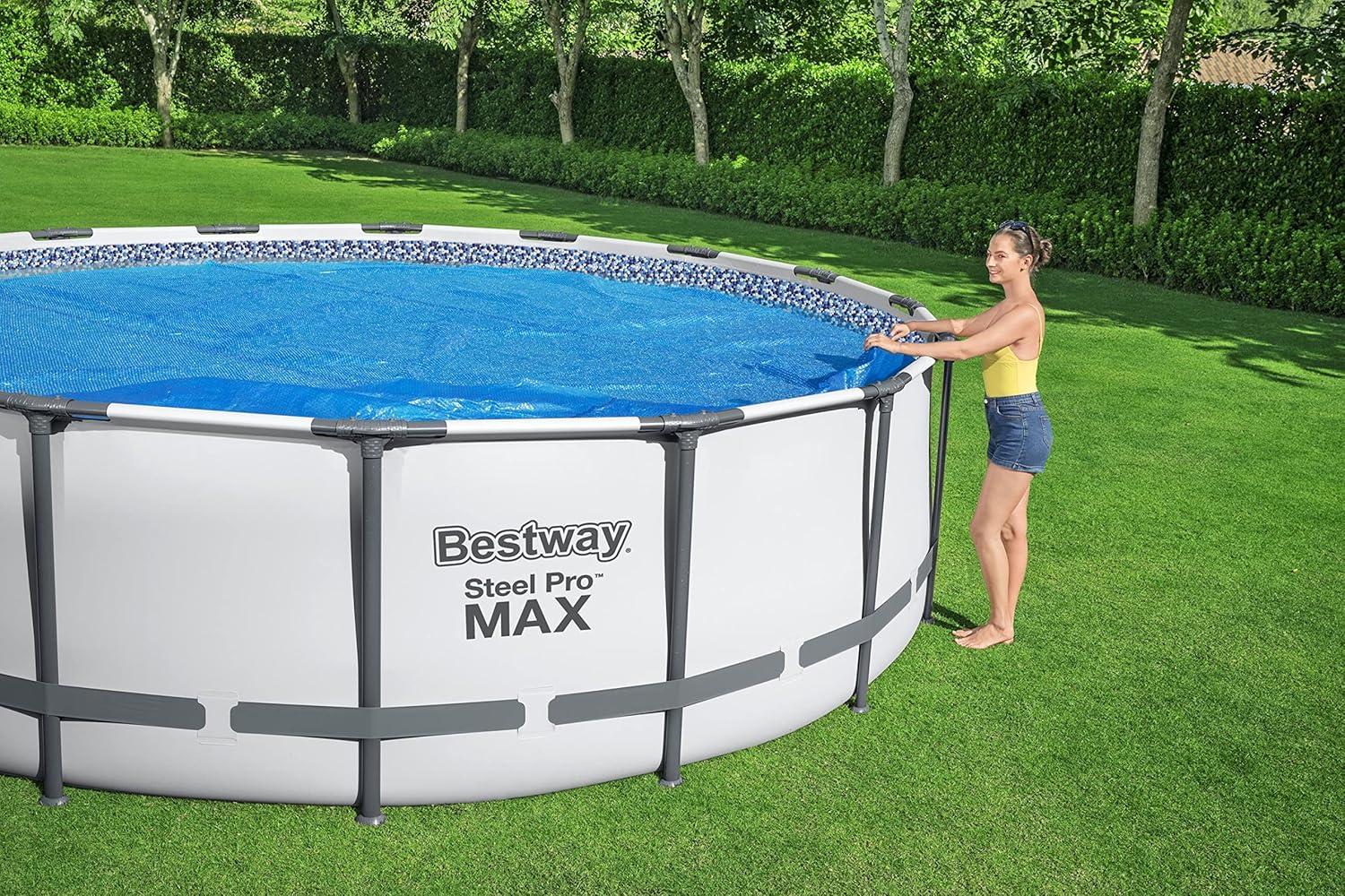 Bestway Flowclear 18 Foot Round Solar Heat Secure Pool Cover for Above Ground Swimming Pools with Storage Bag, Blue (Cover Only)