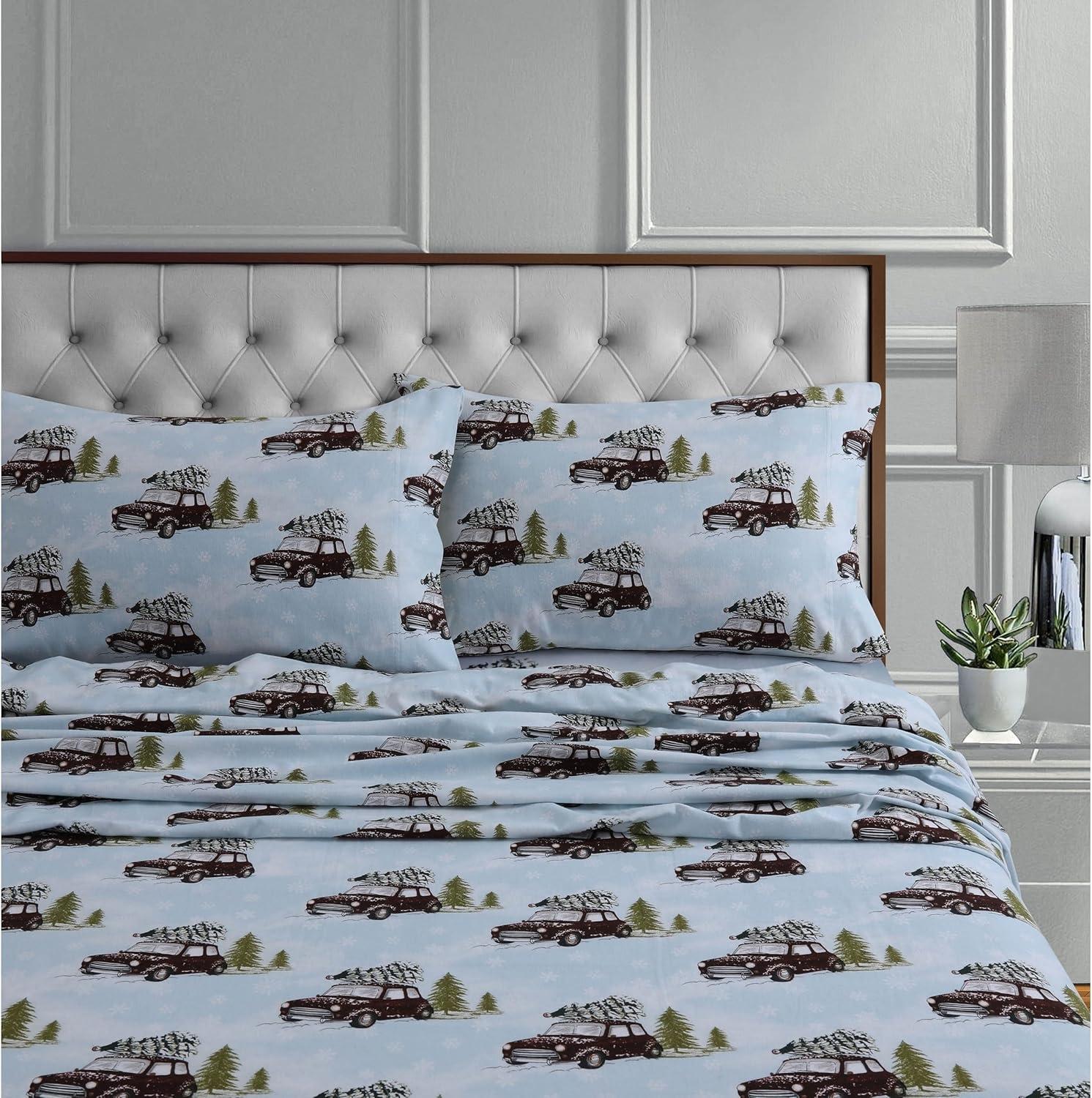 Tribeca Living 170-GSM Soft Flannel Extra Deep Pocket Bed Sheet Set with Oversized Flat winter outing grey Queen Novelty Traditional