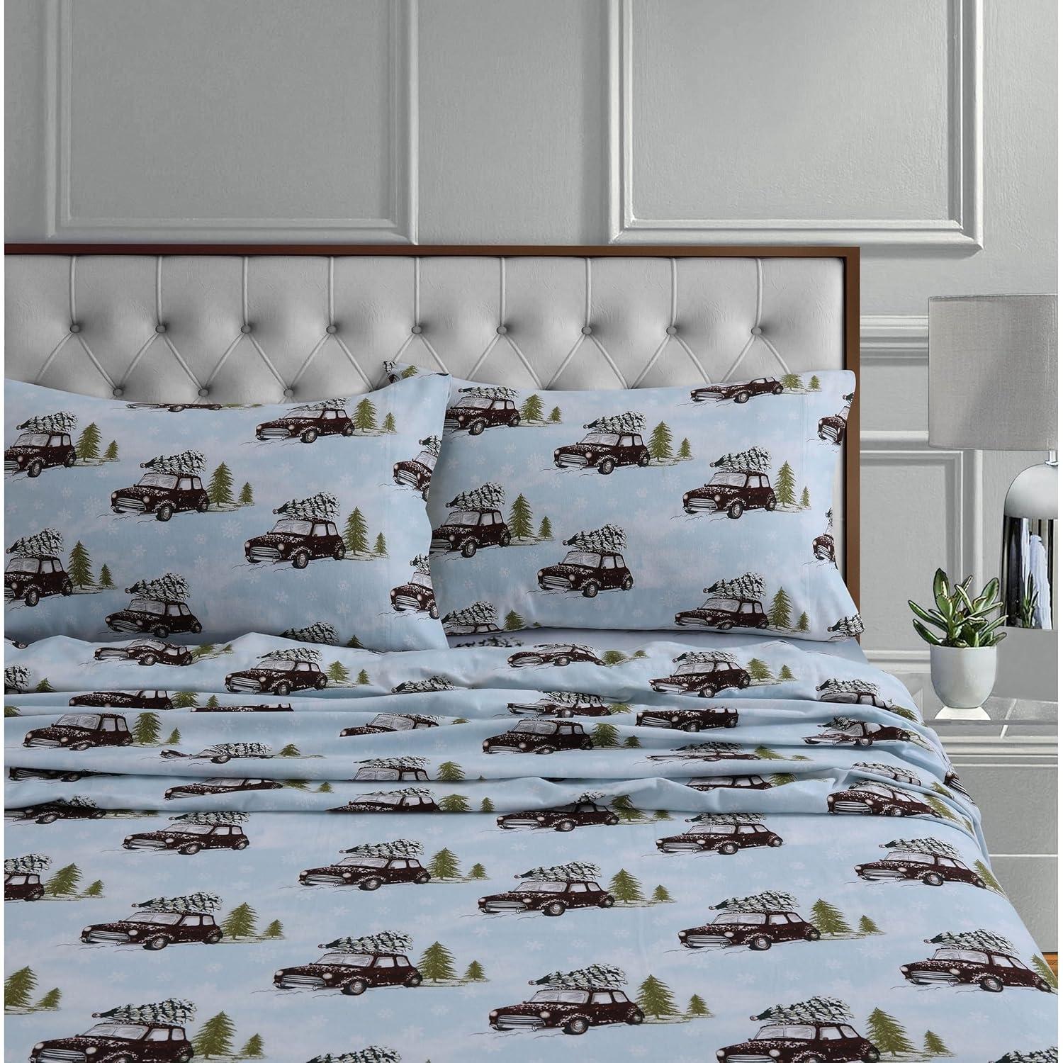 Tribeca Living 170-GSM Soft Flannel Extra Deep Pocket Bed Sheet Set with Oversized Flat winter outing grey Queen Novelty Traditional