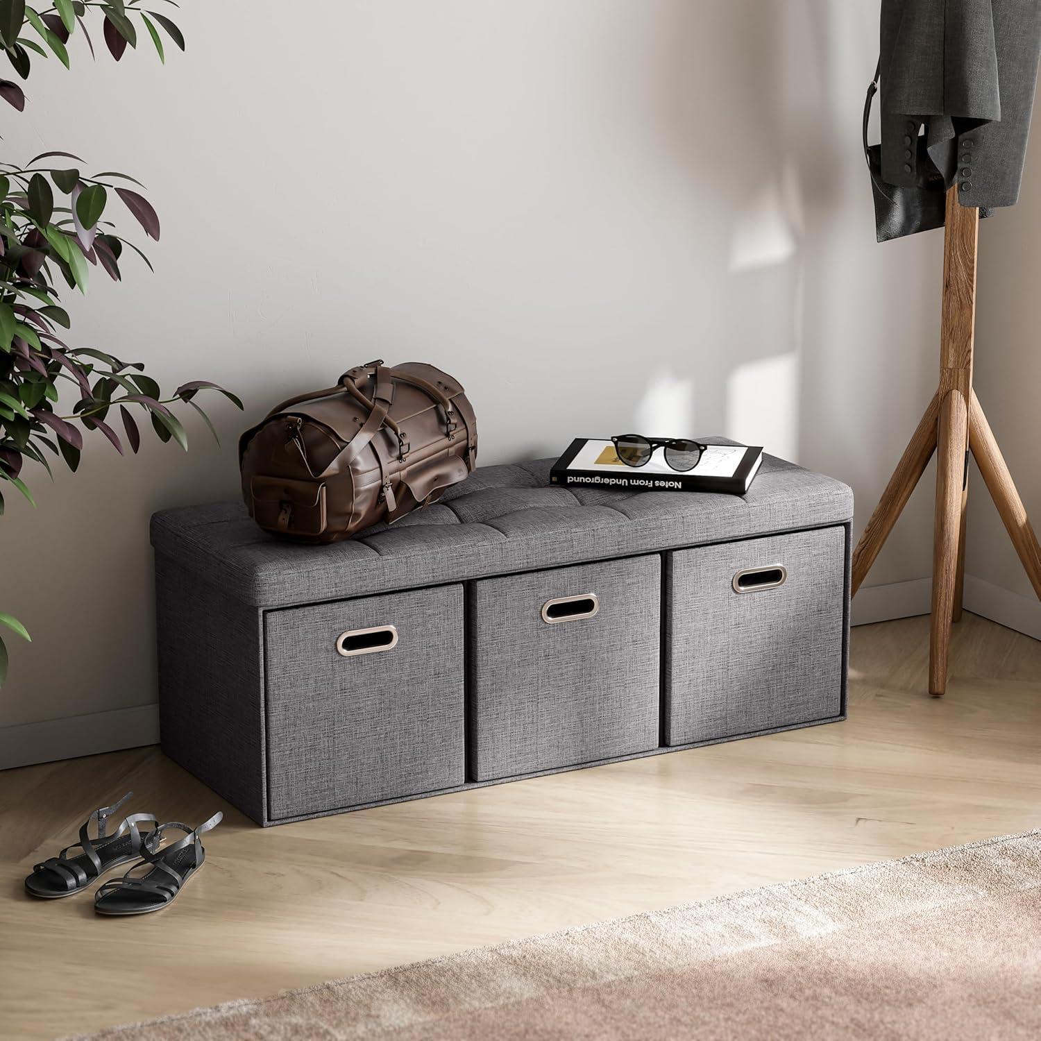 Ornavo Home Collapsible Large Storage Bench Ottoman with Drawers - 40" Inch - Charcoal Gray