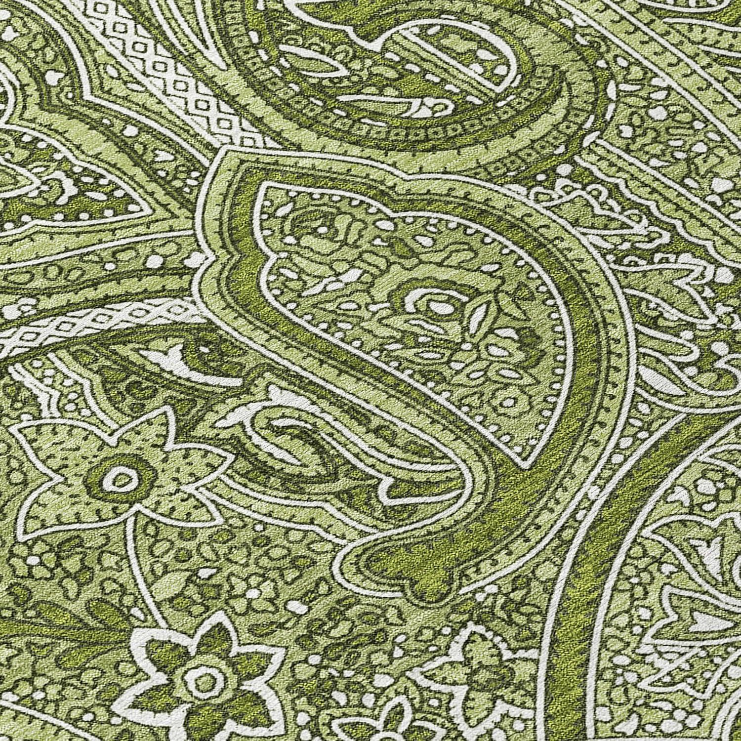 Green Paisley Pattern Round Machine Washable Area Rug