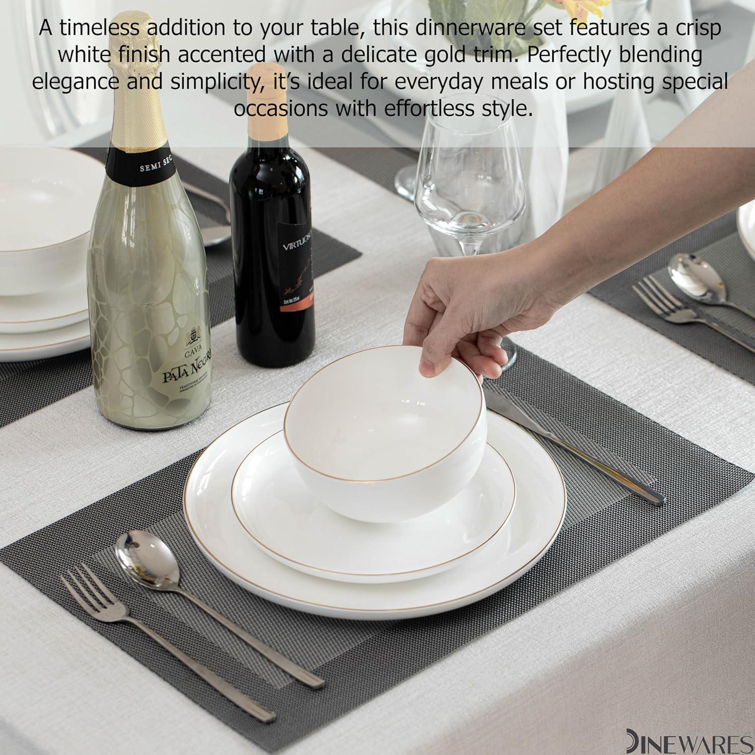 Dinewares White with Gold Rim Bone China Dinnerware Set - Service for 8, Includes Dinner Plates, Salad Plates, and Cereal or Soup Bowls