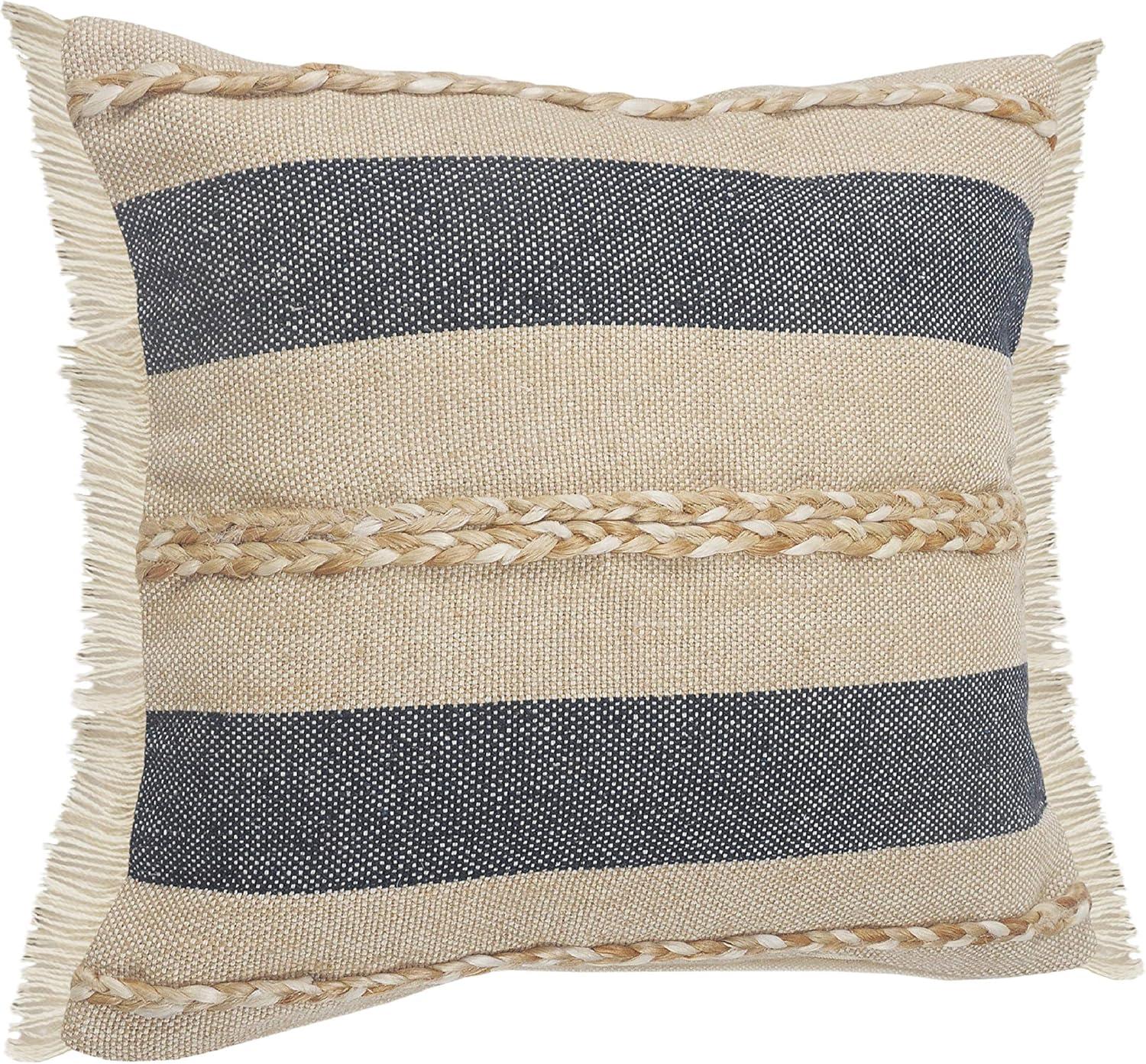 Ox Bay Atlantis Coastal Striped Jute Braiding Fringed Throw Pillow, Blue/Tan/Taupe, 20" Square