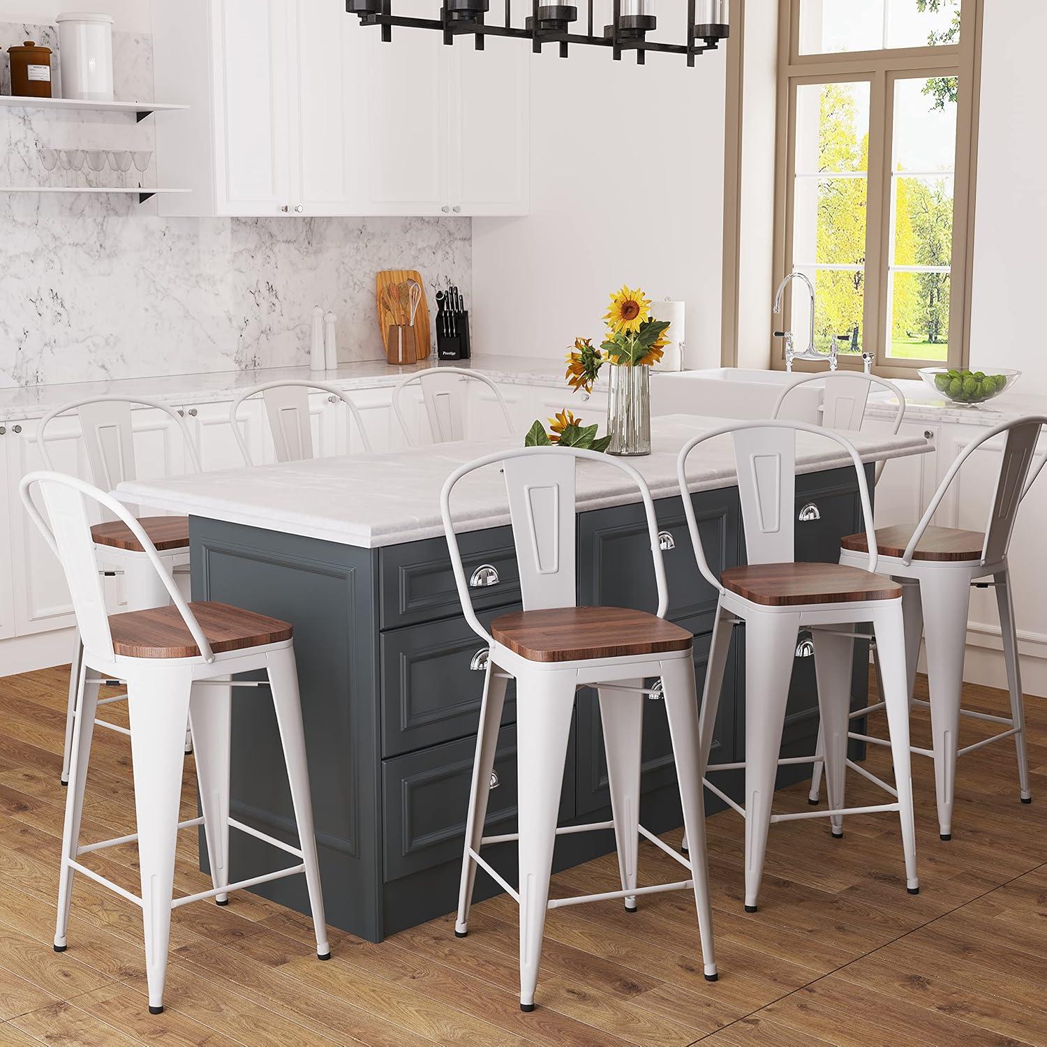 Aklaus Metal Bar Stools Set of 4,24 inch Barstools Counter Height Bar Stool with Back Farmhouse Bar Stools with Larger seat High Back Kitchen Dining Chairs Modern Bar Chairs White Cream Stool