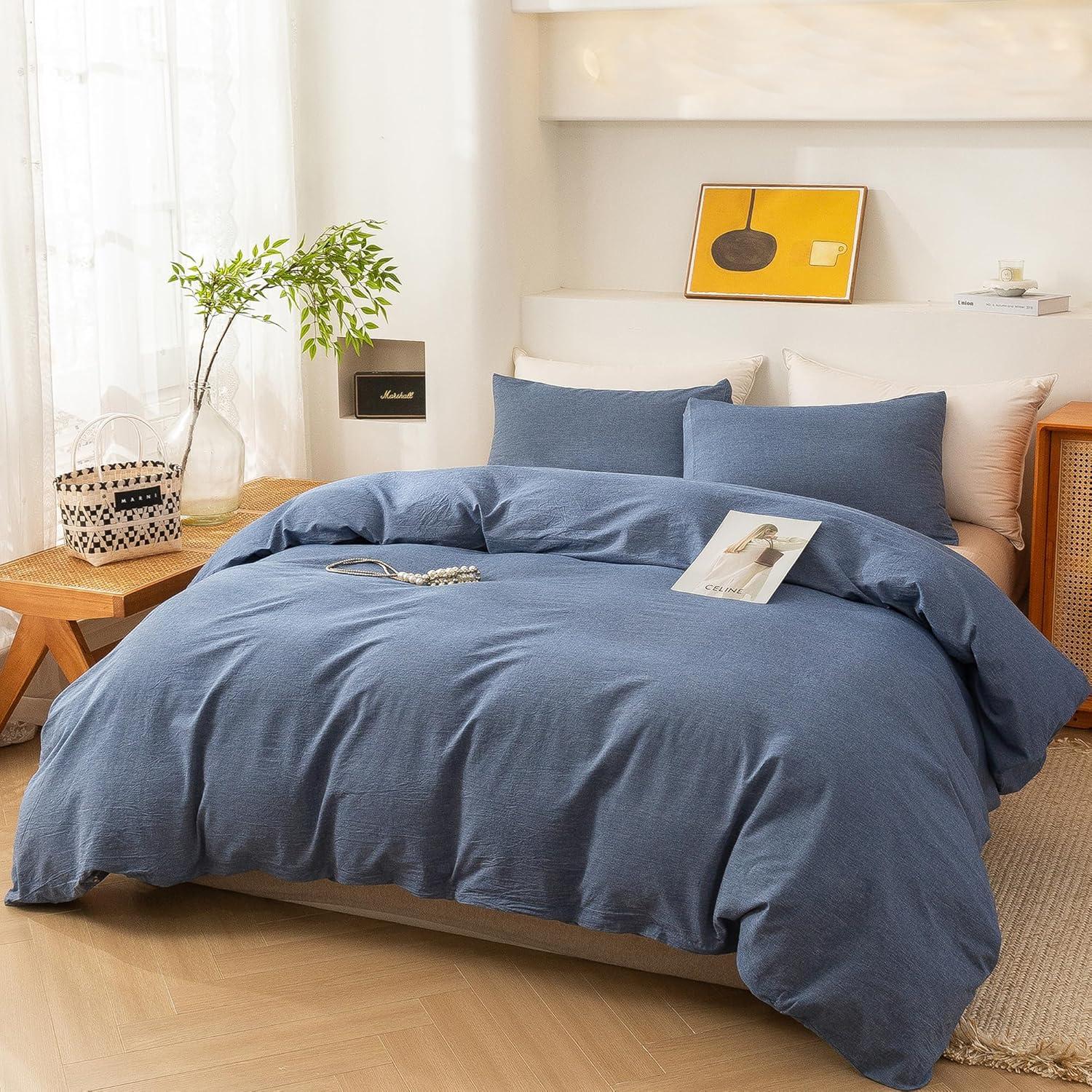 ECOCOTT Denim Blue Duvet Cover King Size, 100% Washed Cotton 1 Duvet Cover with Zipper and 2 Pillowcases, Ultra Soft and Easy Care Breathable Cozy Bedding Set (Denim Blue, King)