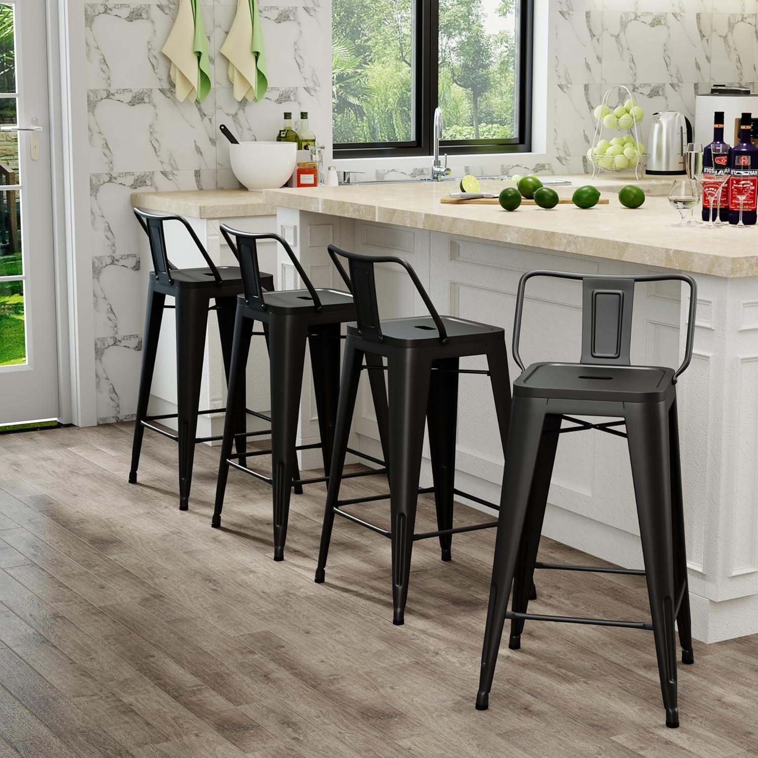 Andeworld 24" Bar Stools Set of 4,Counter Height Bar Stools with Larger Seat,Bar Stools with Back,Black Metal Bar Stools with Removable Back,Farmhouse Bar Stools,High Back Kitchen Bar Stools Chair