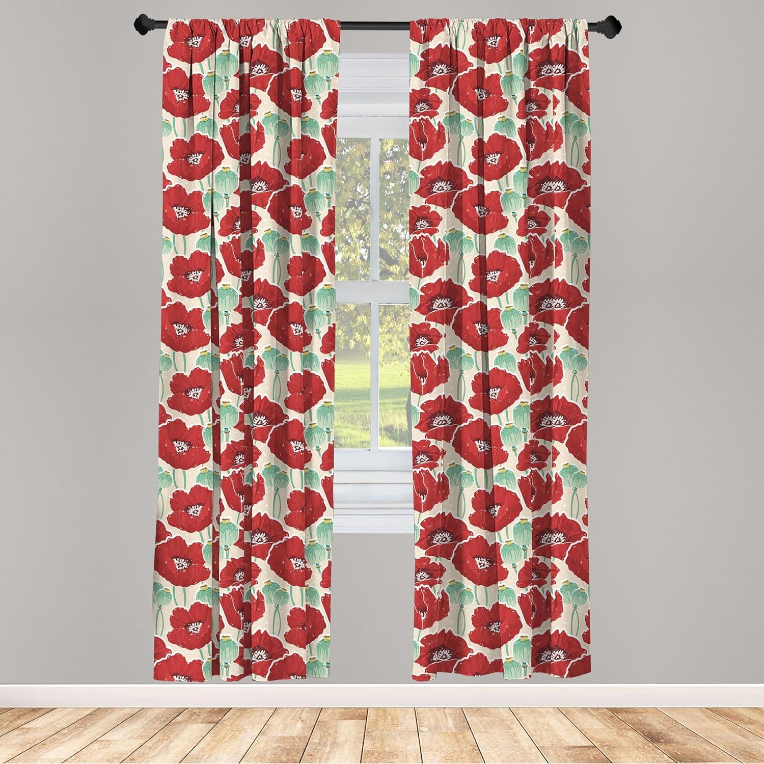 Ambesonne Poppy Flower Curtains, Spring Garden Art, Pair of 28"x84", Mint Green Beige