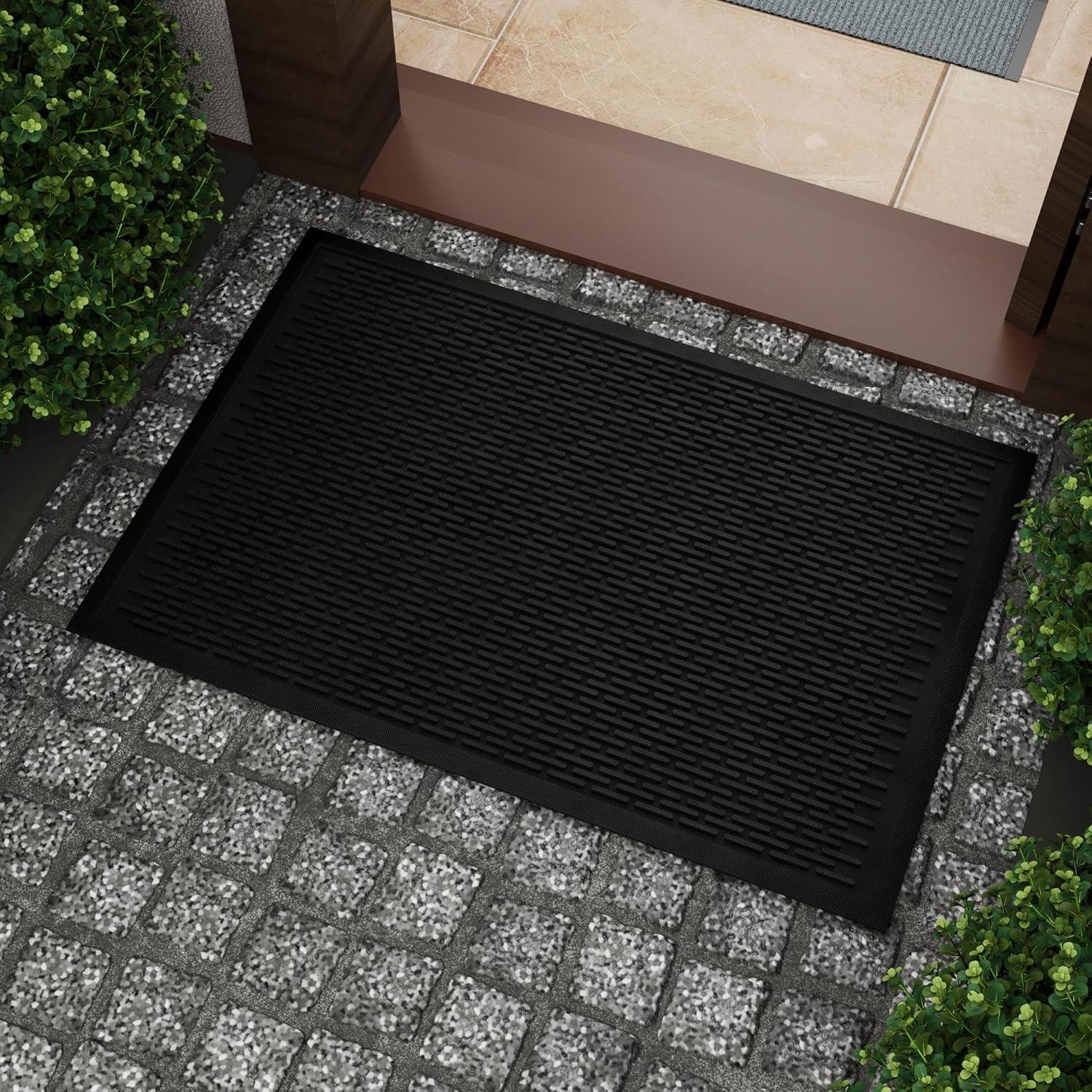 Ottomanson Easy Clean, Waterproof Non-Slip 2x3 Indoor/Outdoor Rubber Doormat, 24" x 36", Black Ribbed