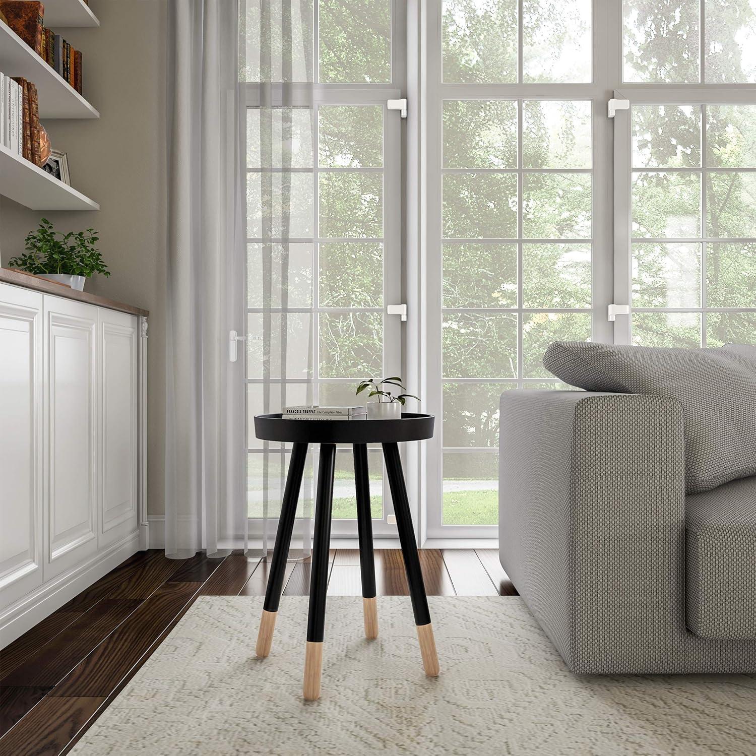 Black Round Wooden Tray Top Side Table with Pine Legs