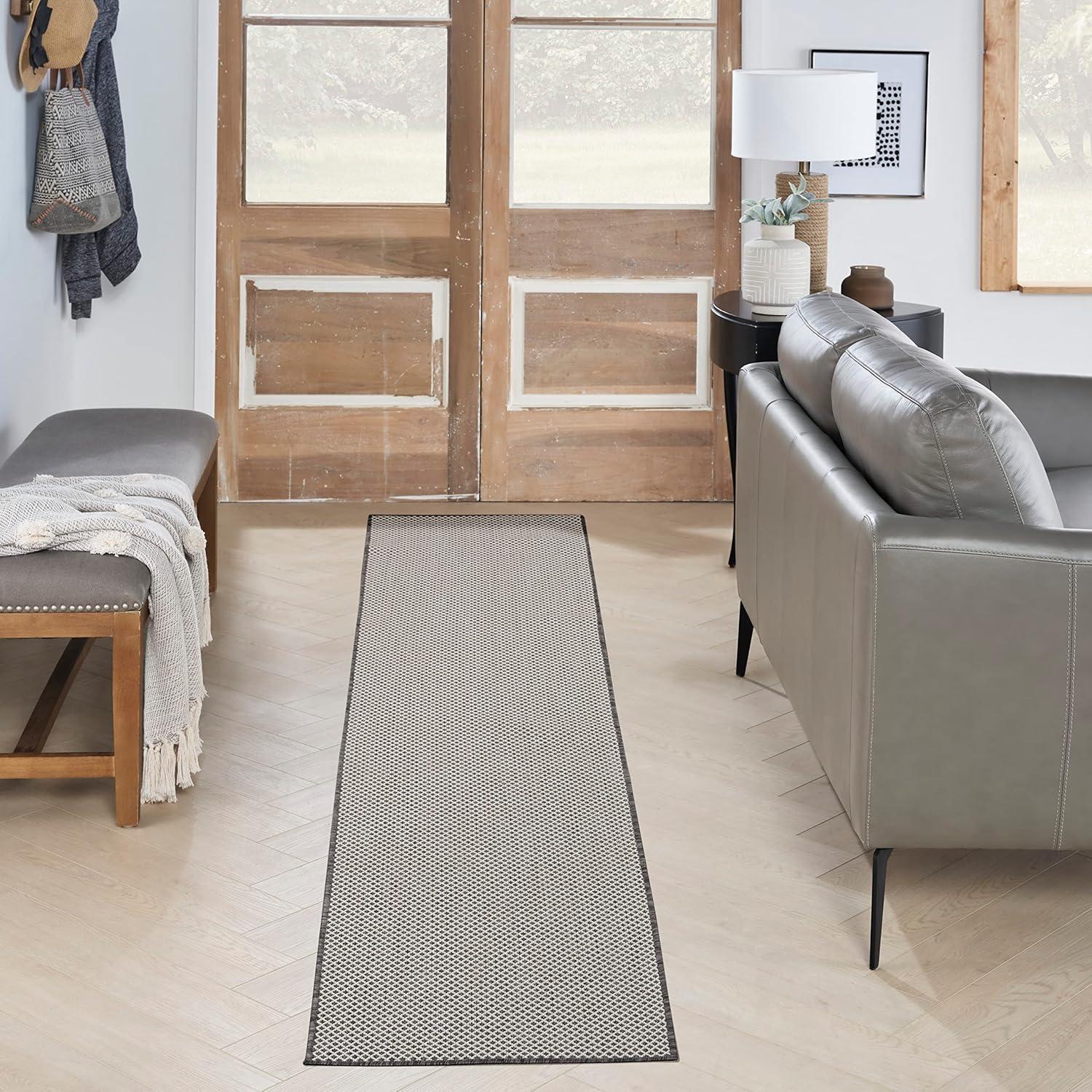 Nourison 2'2" x 10' Courtyard Modern Easy Care Flatweave Indoor Outdoor Runner Rug Ivory/Charcoal