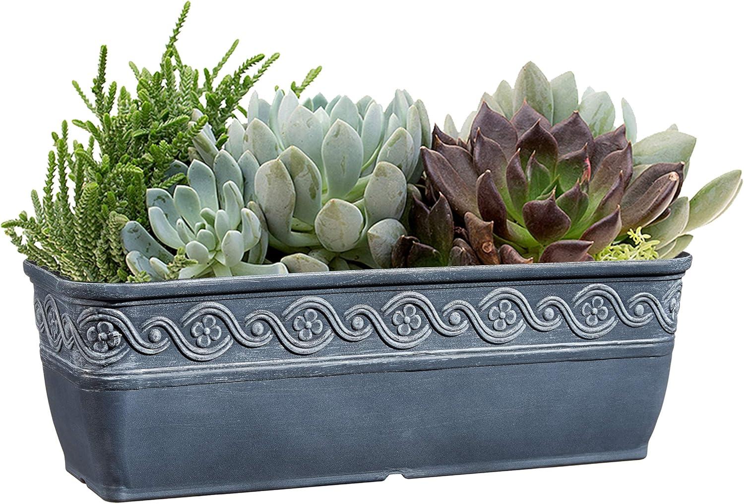 Classic Home and Garden Corinthian Rectangular Planter Box w/Drain Plug - Small Succulent Pots - Shallow Trough Planter for Indoor/Outdoor (10” Storm Gray, Pack of 3)