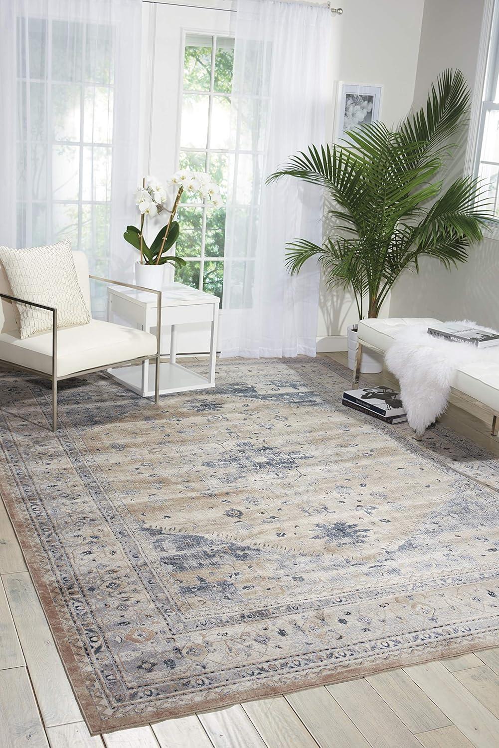 Ivory and Blue Geometric Floral Synthetic Area Rug