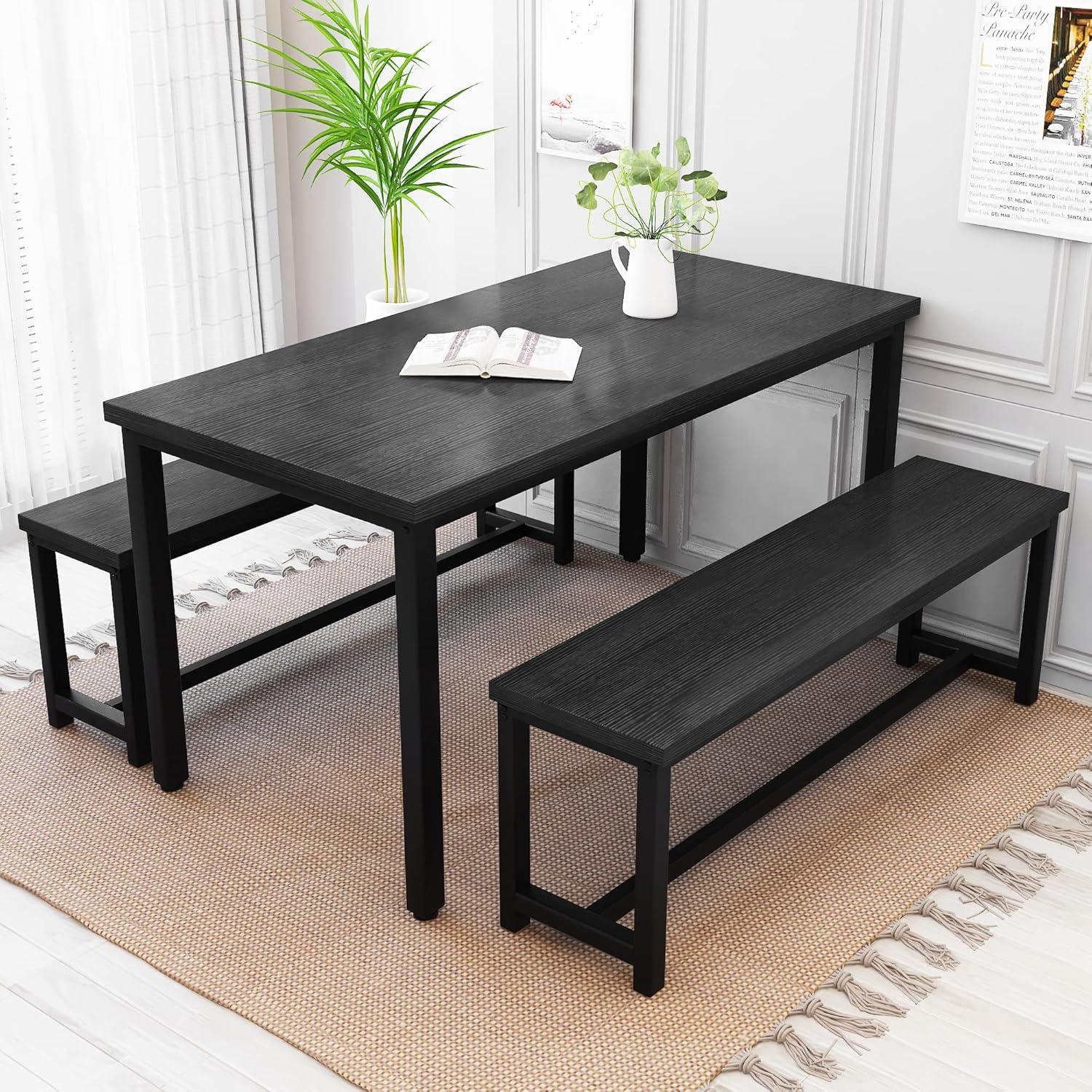 Black Modern Industrial Dining Table Set with Benches