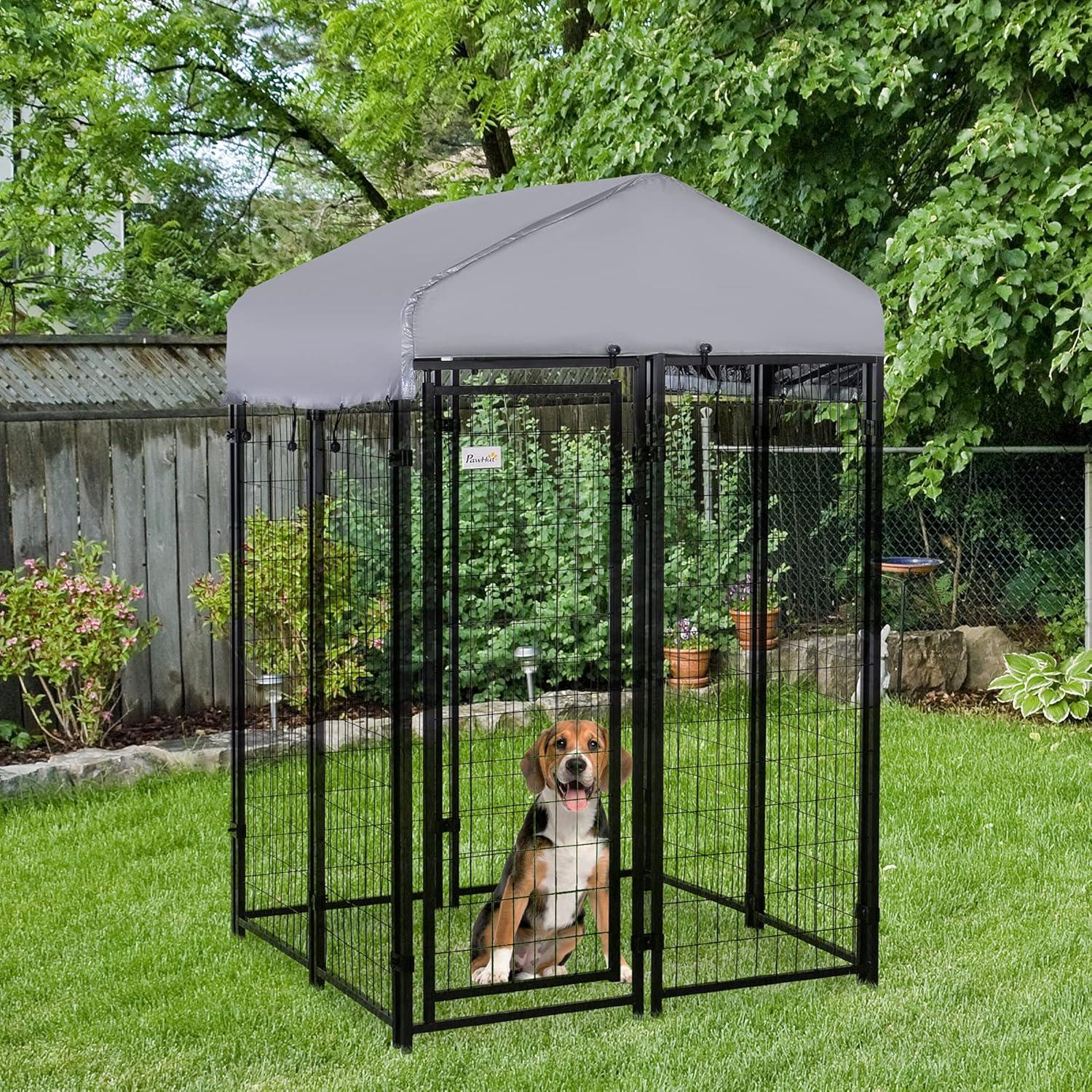 Pawhut Medium Dog Cage Crate Pet Kennel House Metal Playpen Patio Shelter w/ Roof